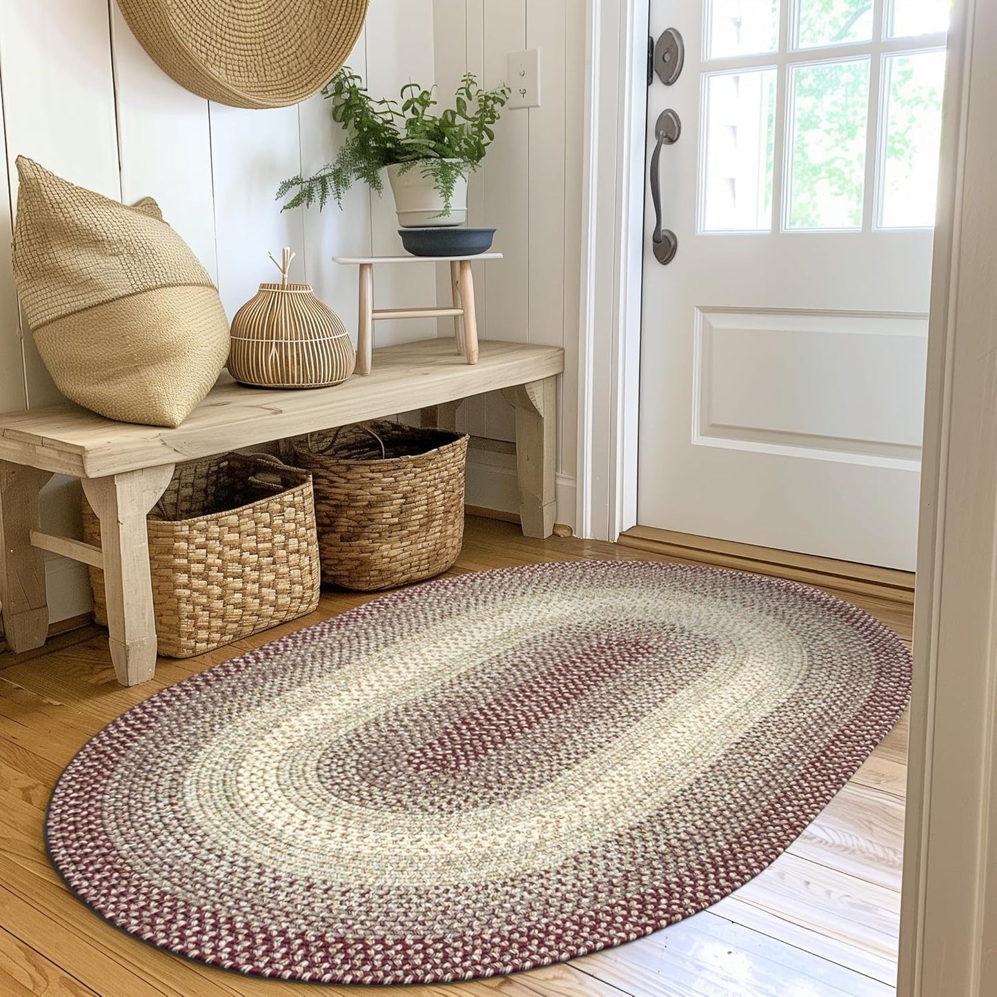 Super Area Rugs Braided Rugs Round 4ft Farmhouse Kitchen Rug - Ridgewood Gray Braided Rug for Dining Room Table - Reversible - Indoor/Outdoor - Made in USA - Graphite/Beige, 4' Round