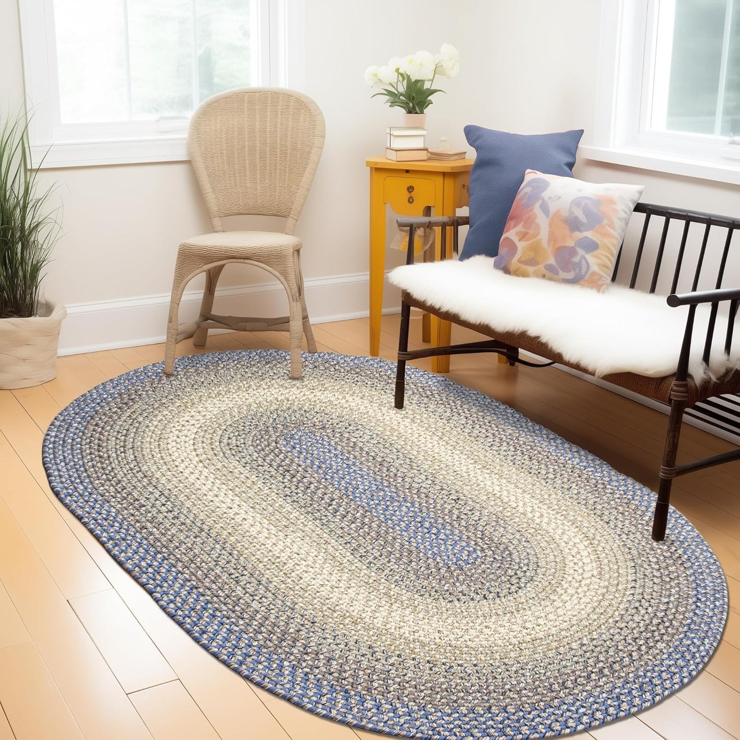 Super Area Rugs Braided Rugs Round 4ft Farmhouse Kitchen Rug - Ridgewood Gray Braided Rug for Dining Room Table - Reversible - Indoor/Outdoor - Made in USA - Graphite/Beige, 4' Round