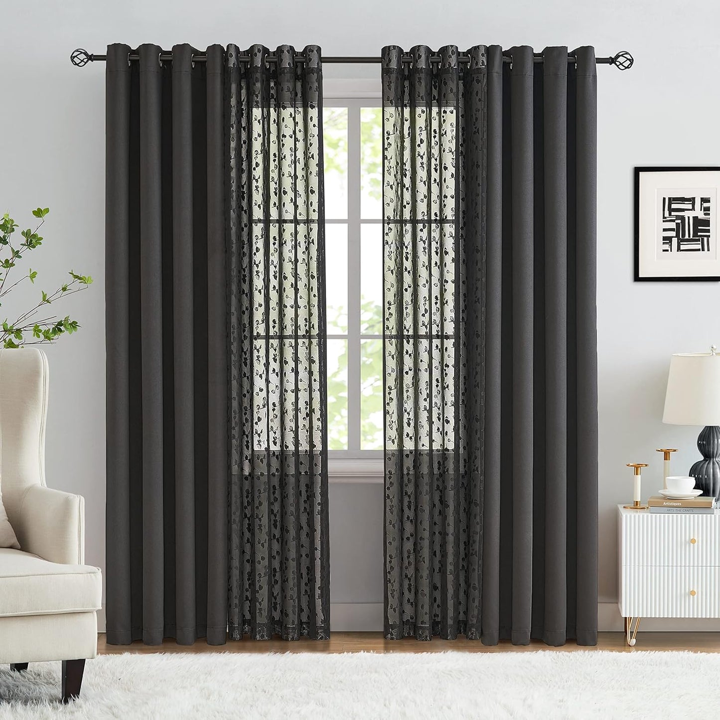 Jubilantex Mix Matched Curtains Leaf Sheer Lace 2 Panels & 2 Full Blackout Curtains Room Darkening Beige Window Treatments for Bedroom Living Room Grommet Top Design 52" W x 84" L Beige & White