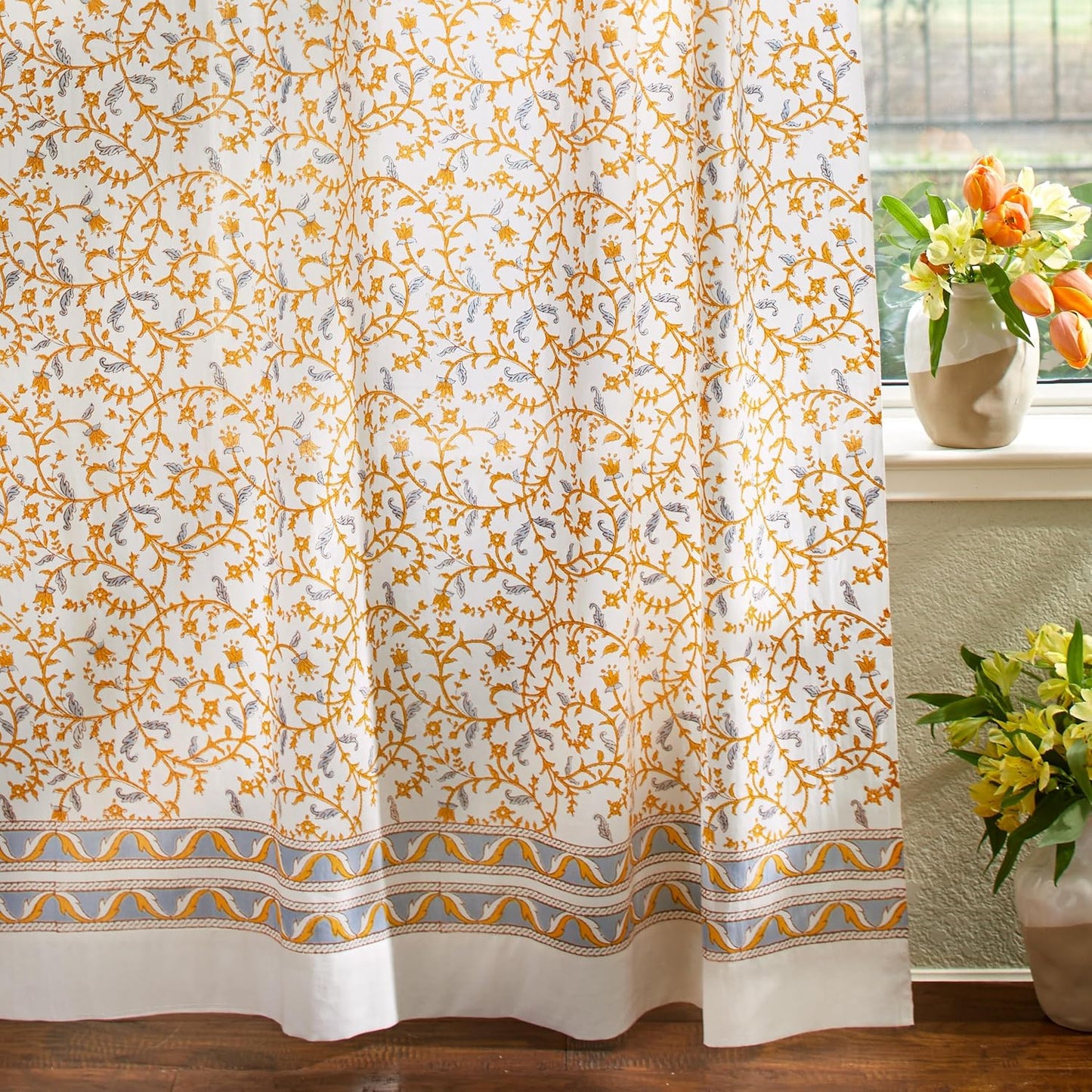 White Sheer Curtain Panel with Tieback, Ivy Lace Leaf Design Tab Top for Light Filtering & Privacy 100% Cotton Voile Hand Block Printed 44 x 84 Inches