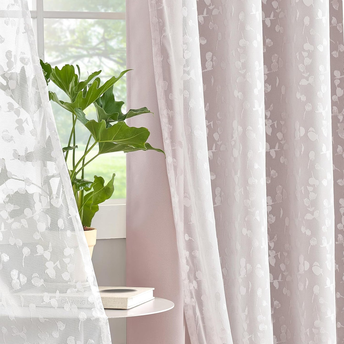 Jubilantex Mix Matched Curtains Leaf Sheer Lace 2 Panels & 2 Full Blackout Curtains Room Darkening Beige Window Treatments for Bedroom Living Room Grommet Top Design 52" W x 84" L Beige & White