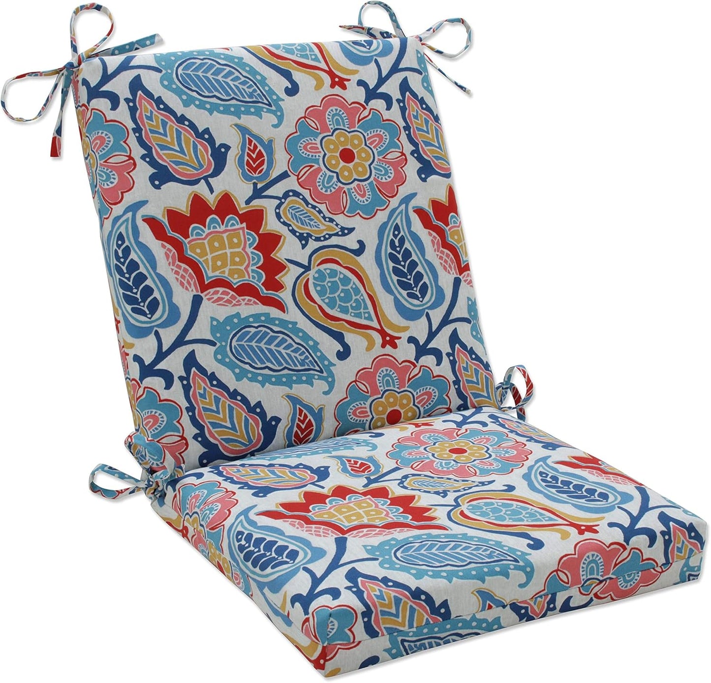 Pillow Perfect Paisley Indoor/Outdoor Solid Back 1 Piece Square Corner Chair Cushion with Ties, Deep Seat, Weather, and Fade Resistant, 36.5" x 18", Blue/Green Pretty,