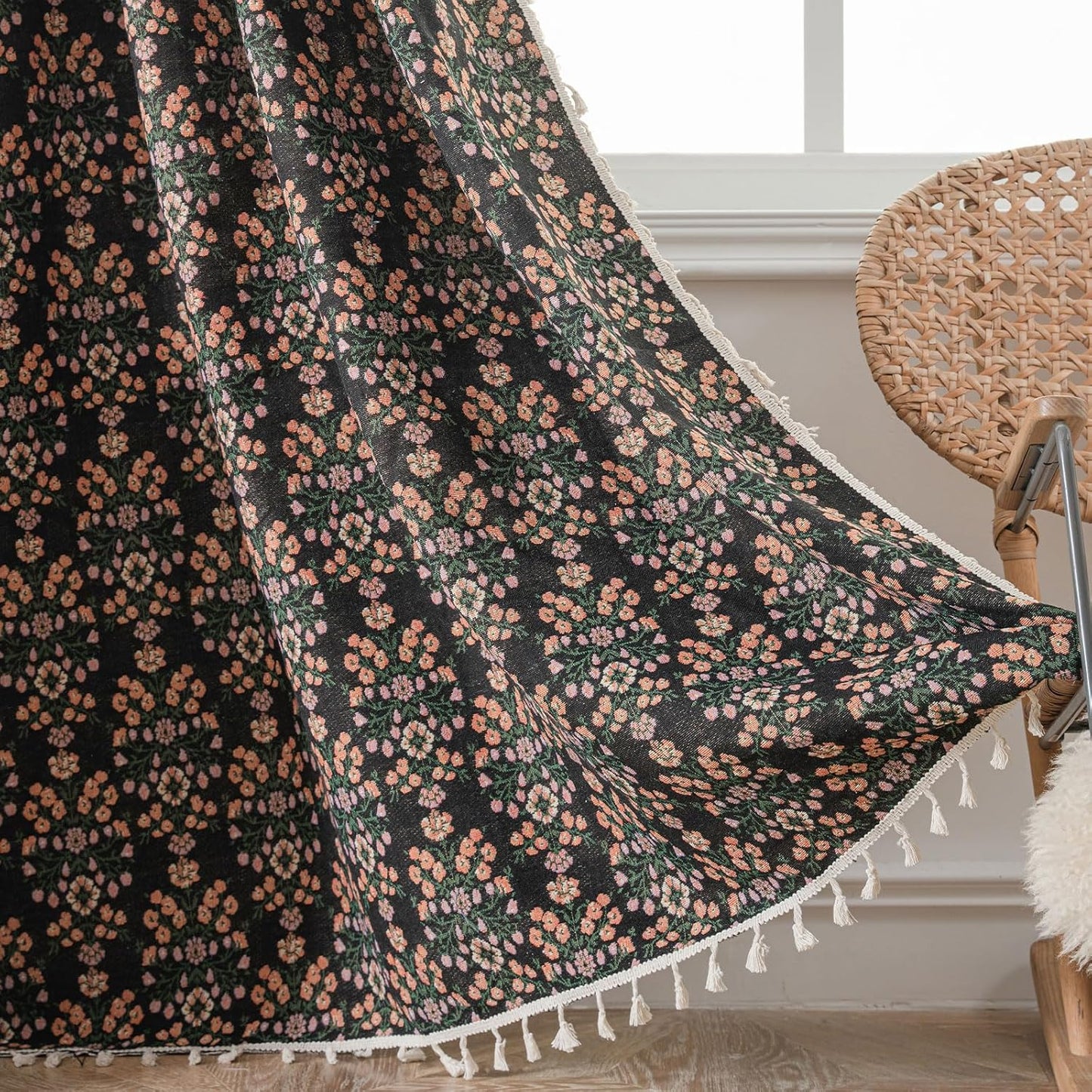 ENJOYBRIDAL Floral Curtains 84 Inch Length 2 Panels Vintage Flower Patterned Drapes Boho Semi Sheer Tassel Rustic Country Rod Pocket Botanical Farmhouse Window Curtain Panels for Bedroom Living Room