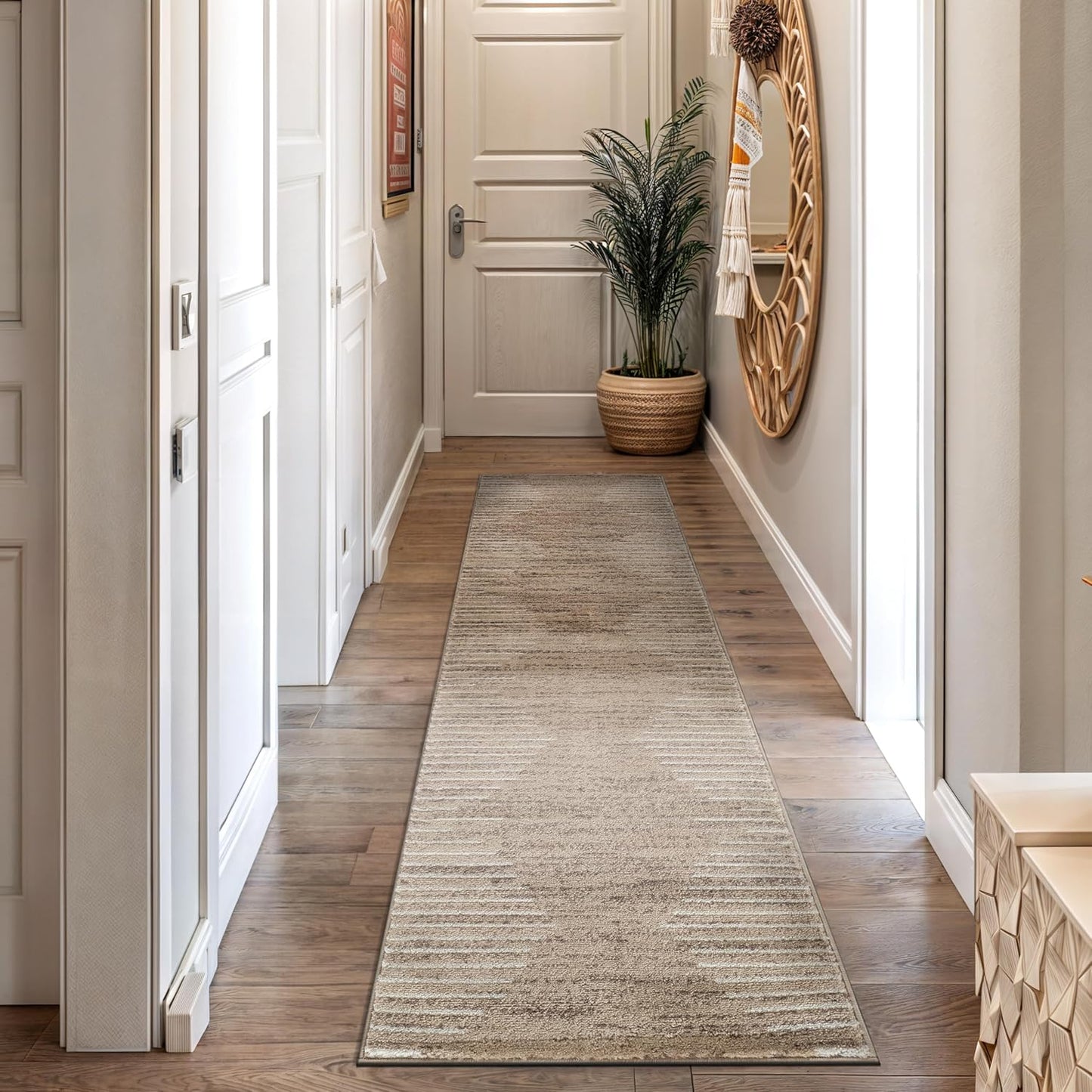 Rugshop Bohemian Stripe Stain Resistant High Traffic Living Room Kitchen Bedroom Dining Home Office Round Rug 8' Cream