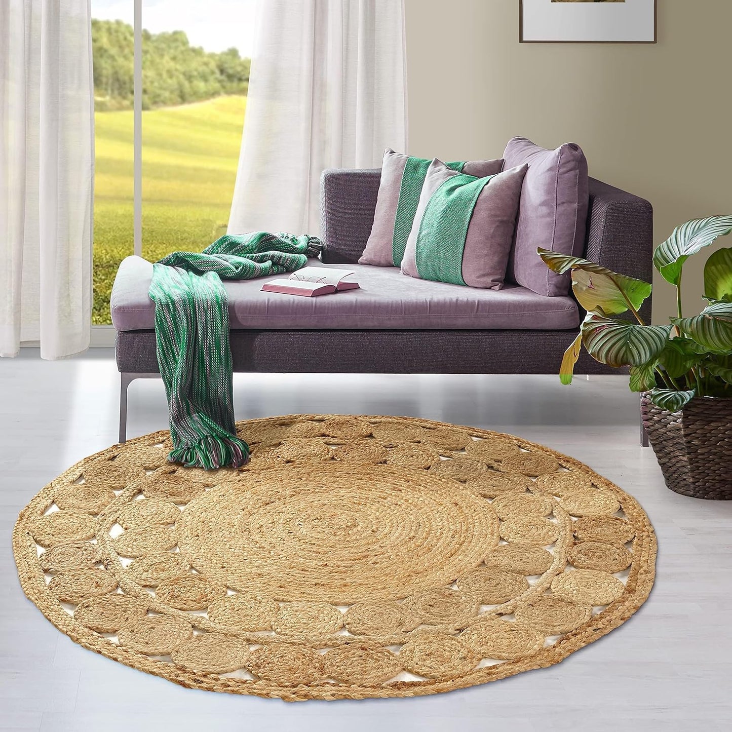 GRUHUM Round Jute Area Rug 9ft Natural Fiber Multicolour Handmade Boho Charm Farmhouse Soft Braided Rustic Vintage Rug for Indoor Kitchen Bedroom Living Room Hallways Enterways(9' feet Round)