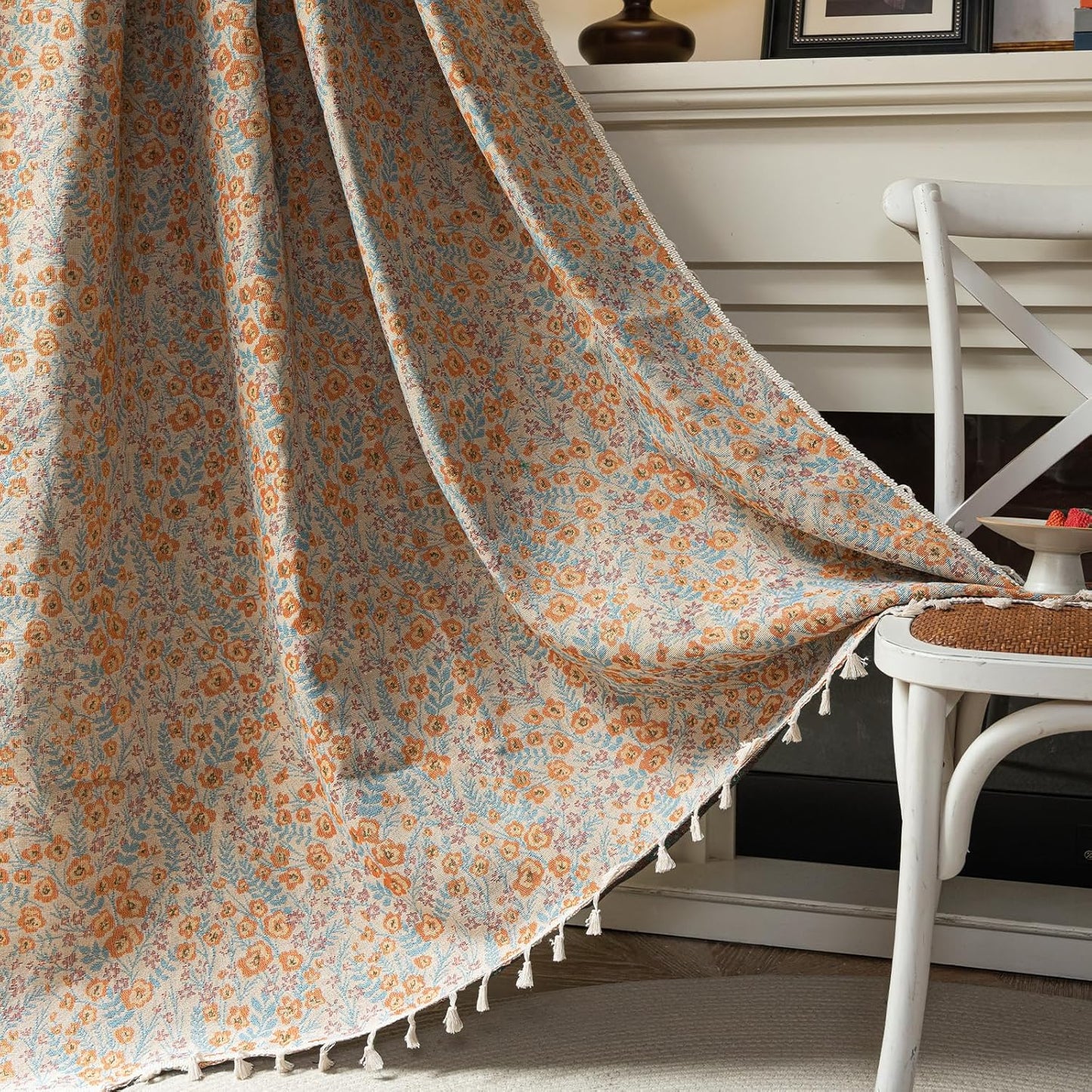 ENJOYBRIDAL Floral Curtains 84 Inch Length 2 Panels Vintage Flower Patterned Drapes Boho Semi Sheer Tassel Rustic Country Rod Pocket Botanical Farmhouse Window Curtain Panels for Bedroom Living Room
