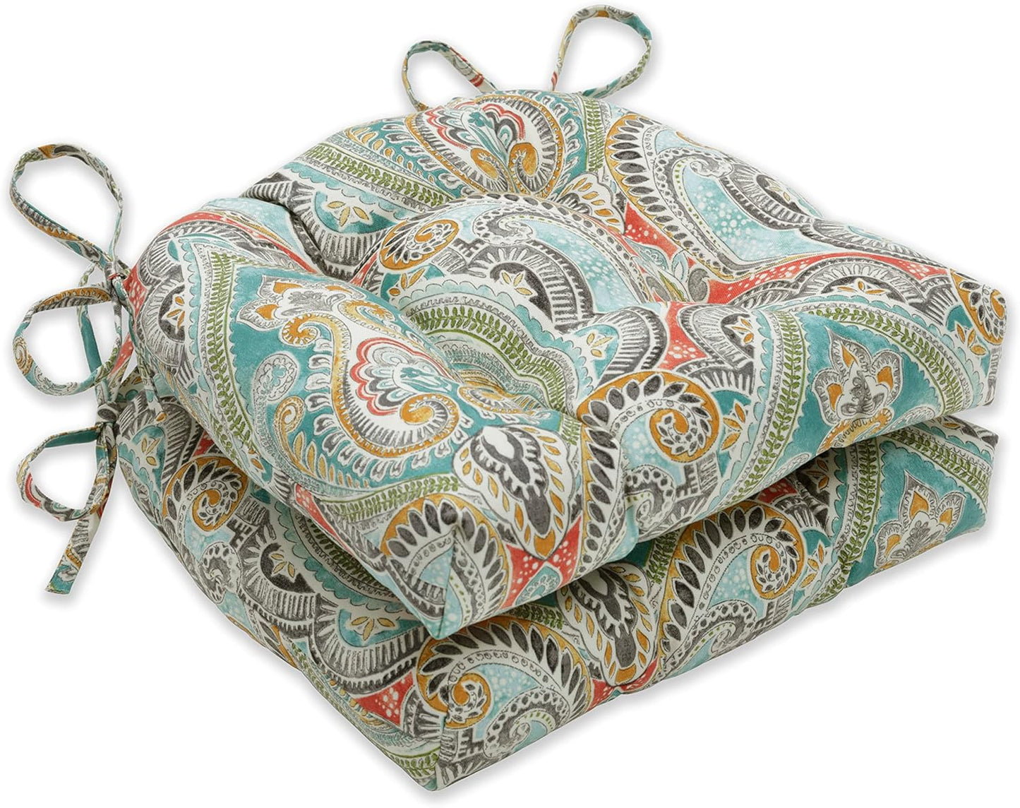 Pillow Perfect Paisley Indoor/Outdoor Chairpad with Ties, Tufted, Weather, and Fade Resistant, 17" x 17.5", Blue/Brown Tamara Quartz, 2 Count