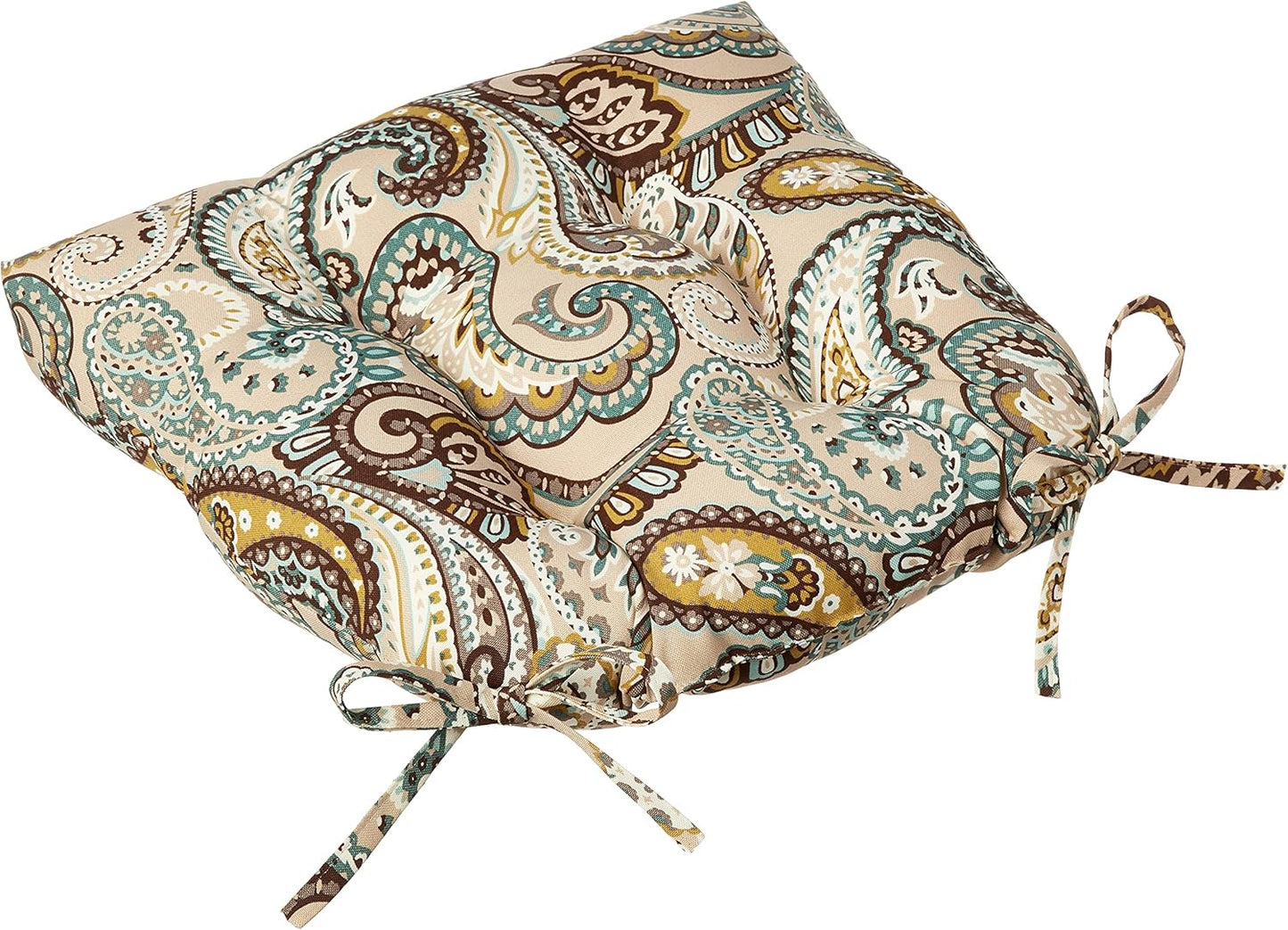 Pillow Perfect Paisley Indoor/Outdoor Chairpad with Ties, Tufted, Weather, and Fade Resistant, 17" x 17.5", Blue/Brown Tamara Quartz, 2 Count