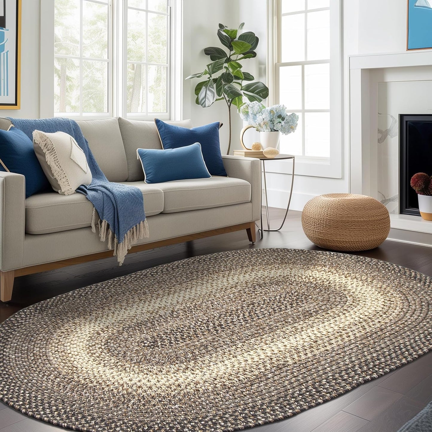 Super Area Rugs Braided Rugs Round 4ft Farmhouse Kitchen Rug - Ridgewood Gray Braided Rug for Dining Room Table - Reversible - Indoor/Outdoor - Made in USA - Graphite/Beige, 4' Round