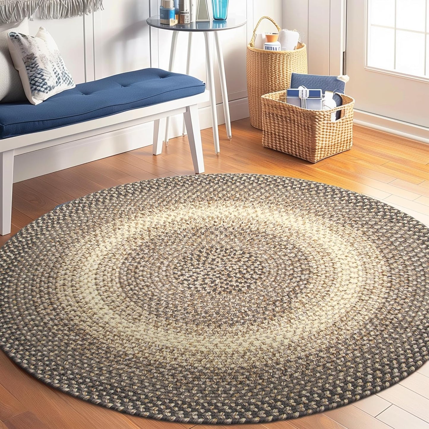 Super Area Rugs Braided Rugs Round 4ft Farmhouse Kitchen Rug - Ridgewood Gray Braided Rug for Dining Room Table - Reversible - Indoor/Outdoor - Made in USA - Graphite/Beige, 4' Round
