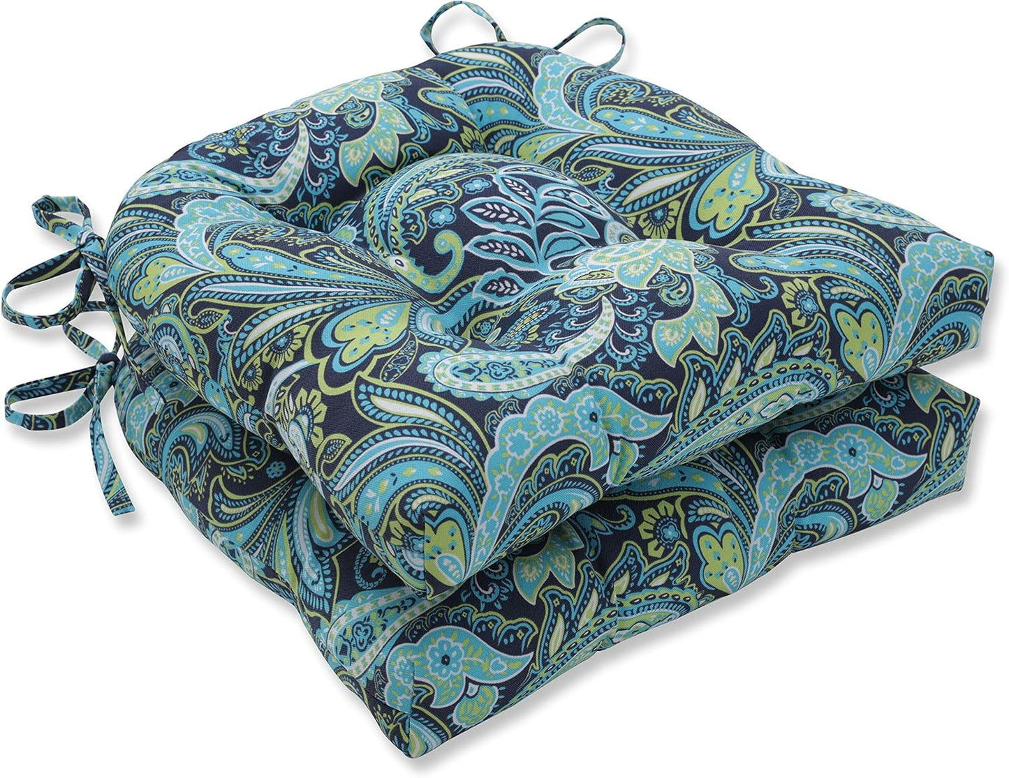 Pillow Perfect Paisley Indoor/Outdoor Chairpad with Ties, Tufted, Weather, and Fade Resistant, 17" x 17.5", Blue/Brown Tamara Quartz, 2 Count