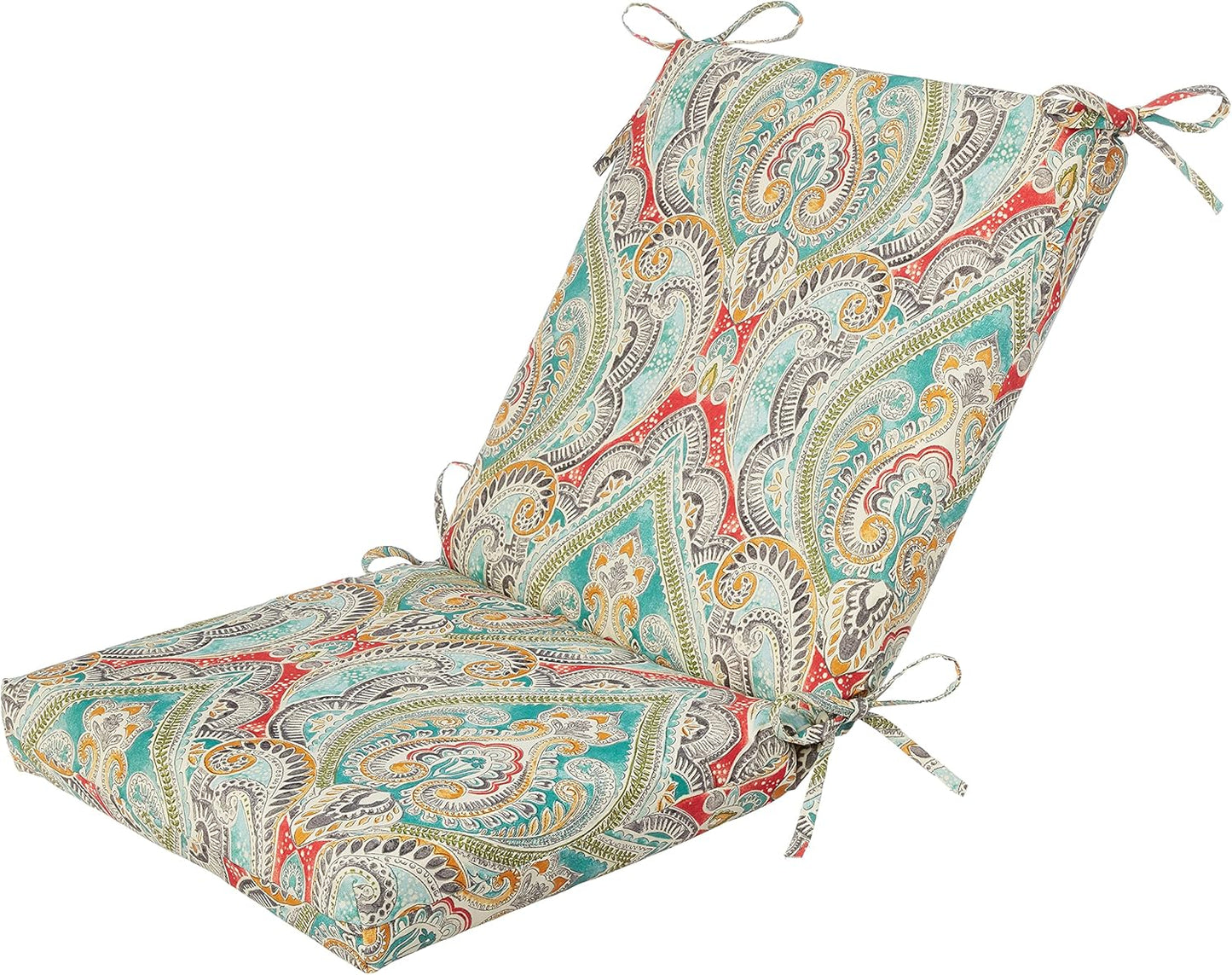 Pillow Perfect Paisley Indoor/Outdoor Solid Back 1 Piece Square Corner Chair Cushion with Ties, Deep Seat, Weather, and Fade Resistant, 36.5" x 18", Blue/Green Pretty,