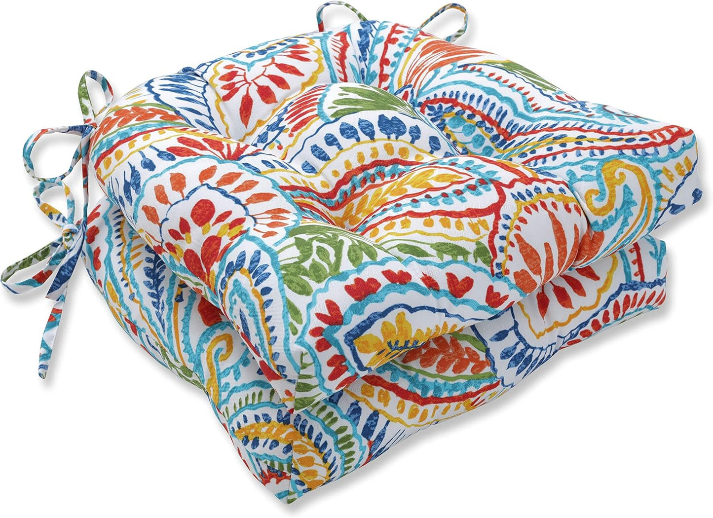 Pillow Perfect Paisley Indoor/Outdoor Chairpad with Ties, Tufted, Weather, and Fade Resistant, 17" x 17.5", Blue/Brown Tamara Quartz, 2 Count