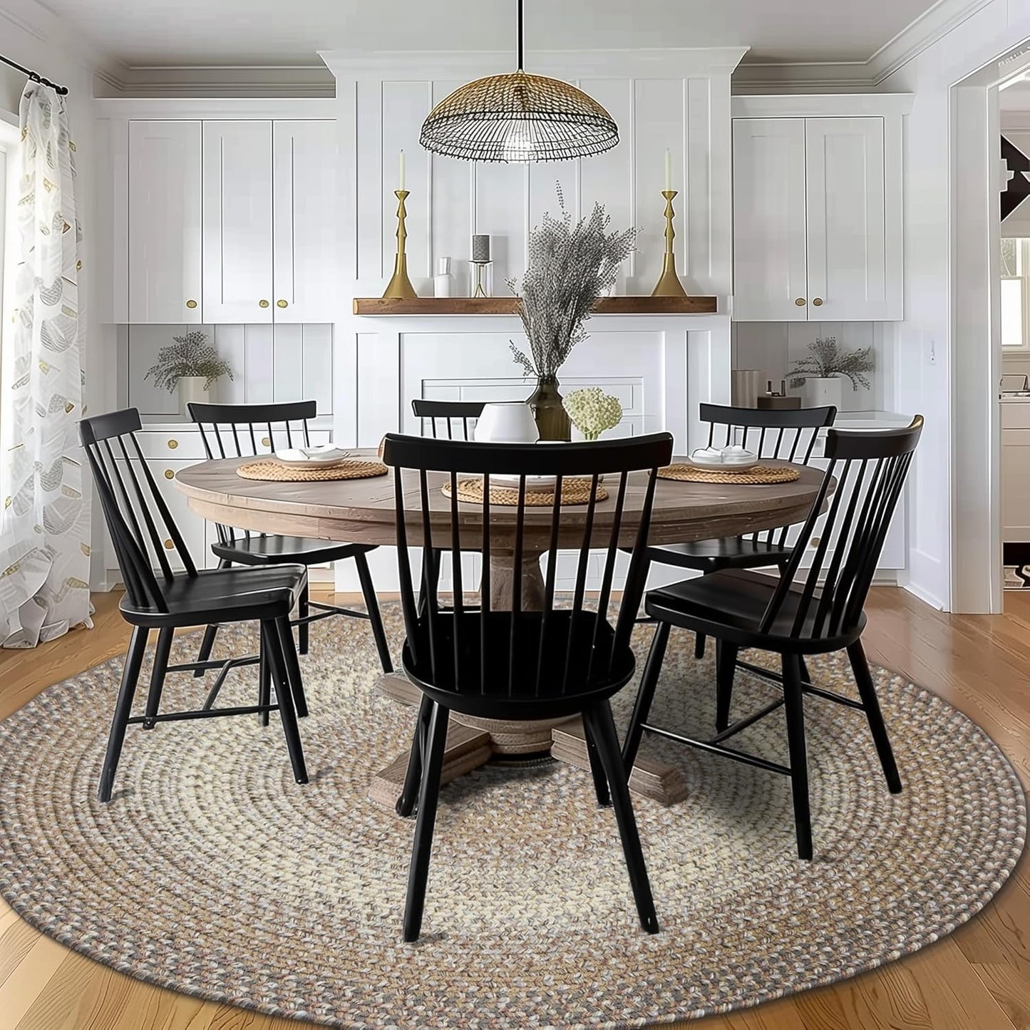 Super Area Rugs Braided Rugs Round 4ft Farmhouse Kitchen Rug - Ridgewood Gray Braided Rug for Dining Room Table - Reversible - Indoor/Outdoor - Made in USA - Graphite/Beige, 4' Round