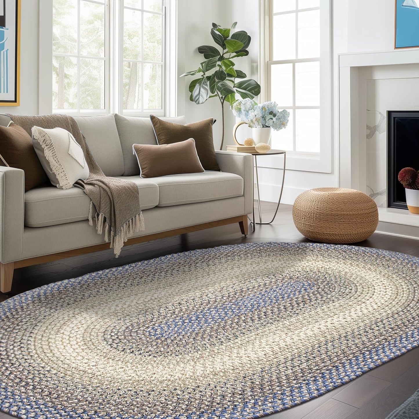 Super Area Rugs Braided Rugs Round 4ft Farmhouse Kitchen Rug - Ridgewood Gray Braided Rug for Dining Room Table - Reversible - Indoor/Outdoor - Made in USA - Graphite/Beige, 4' Round