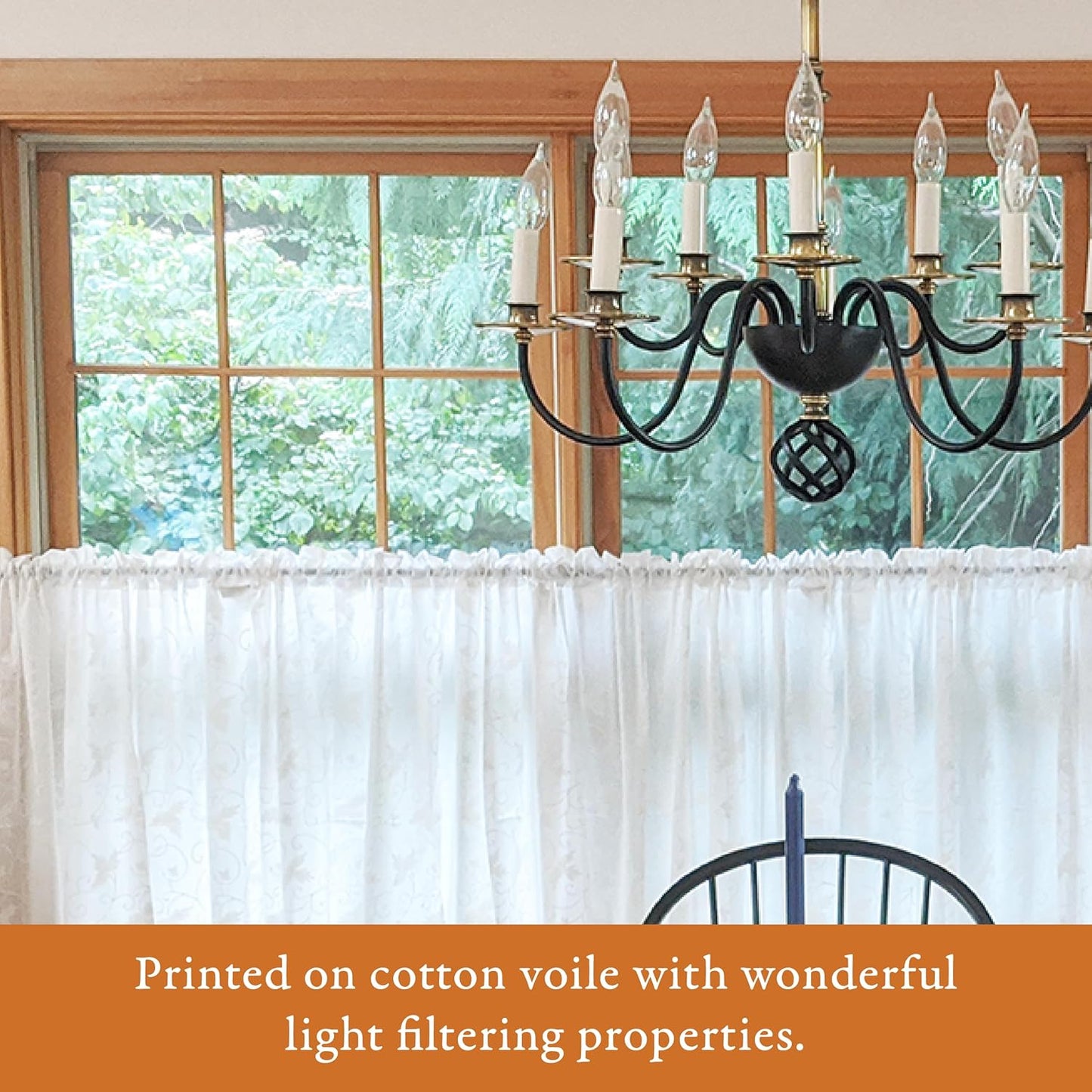 White Sheer Curtain Panel with Tieback, Ivy Lace Leaf Design Tab Top for Light Filtering & Privacy 100% Cotton Voile Hand Block Printed 44 x 84 Inches