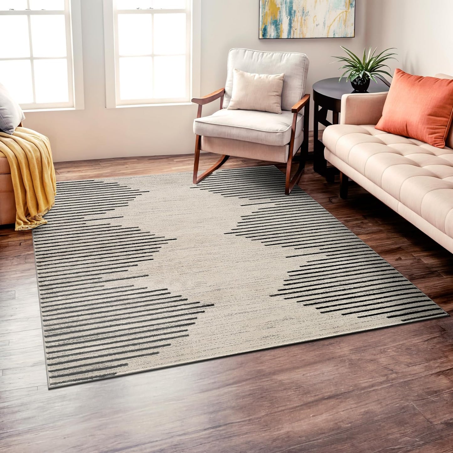 Rugshop Bohemian Stripe Stain Resistant High Traffic Living Room Kitchen Bedroom Dining Home Office Round Rug 8' Cream