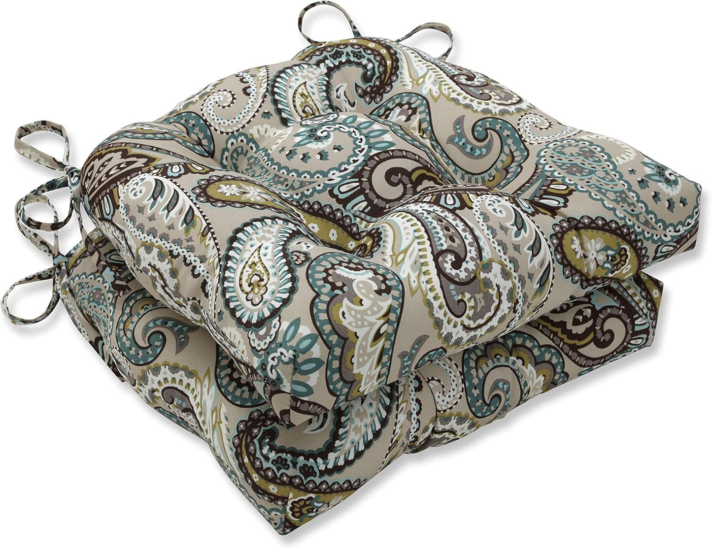 Pillow Perfect Paisley Indoor/Outdoor Chairpad with Ties, Tufted, Weather, and Fade Resistant, 17" x 17.5", Blue/Brown Tamara Quartz, 2 Count