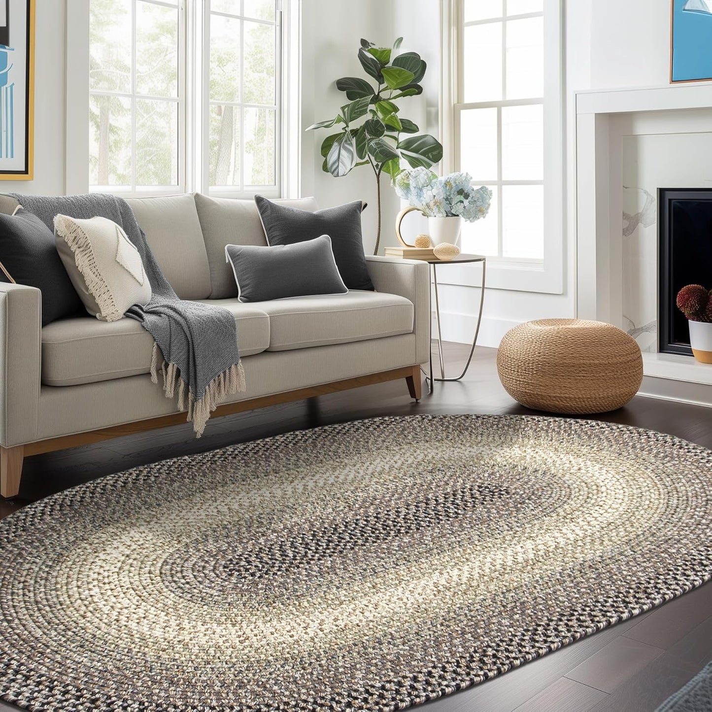 Super Area Rugs Braided Rugs Round 4ft Farmhouse Kitchen Rug - Ridgewood Gray Braided Rug for Dining Room Table - Reversible - Indoor/Outdoor - Made in USA - Graphite/Beige, 4' Round