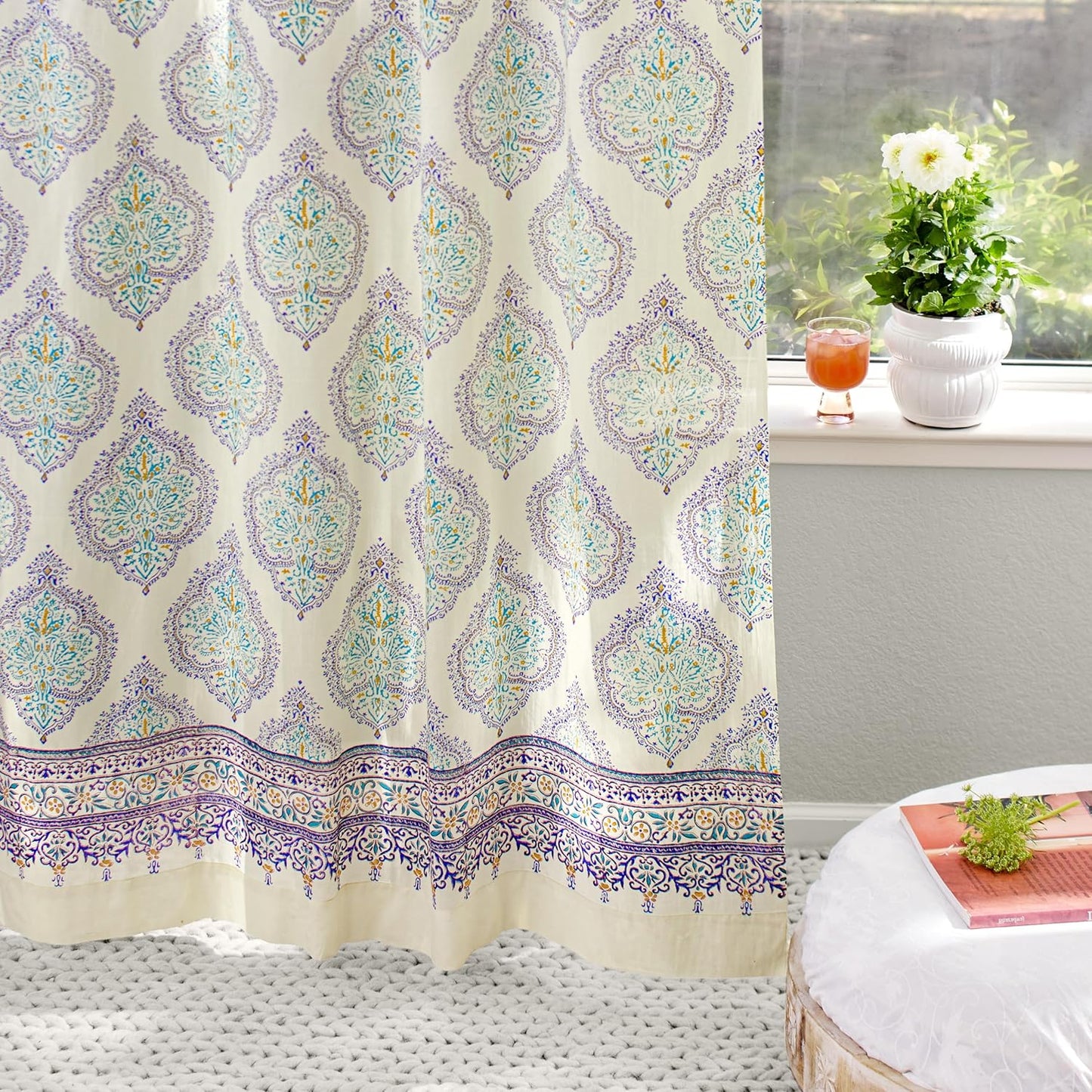 White Sheer Curtain Panel with Tieback, Ivy Lace Leaf Design Tab Top for Light Filtering & Privacy 100% Cotton Voile Hand Block Printed 44 x 84 Inches