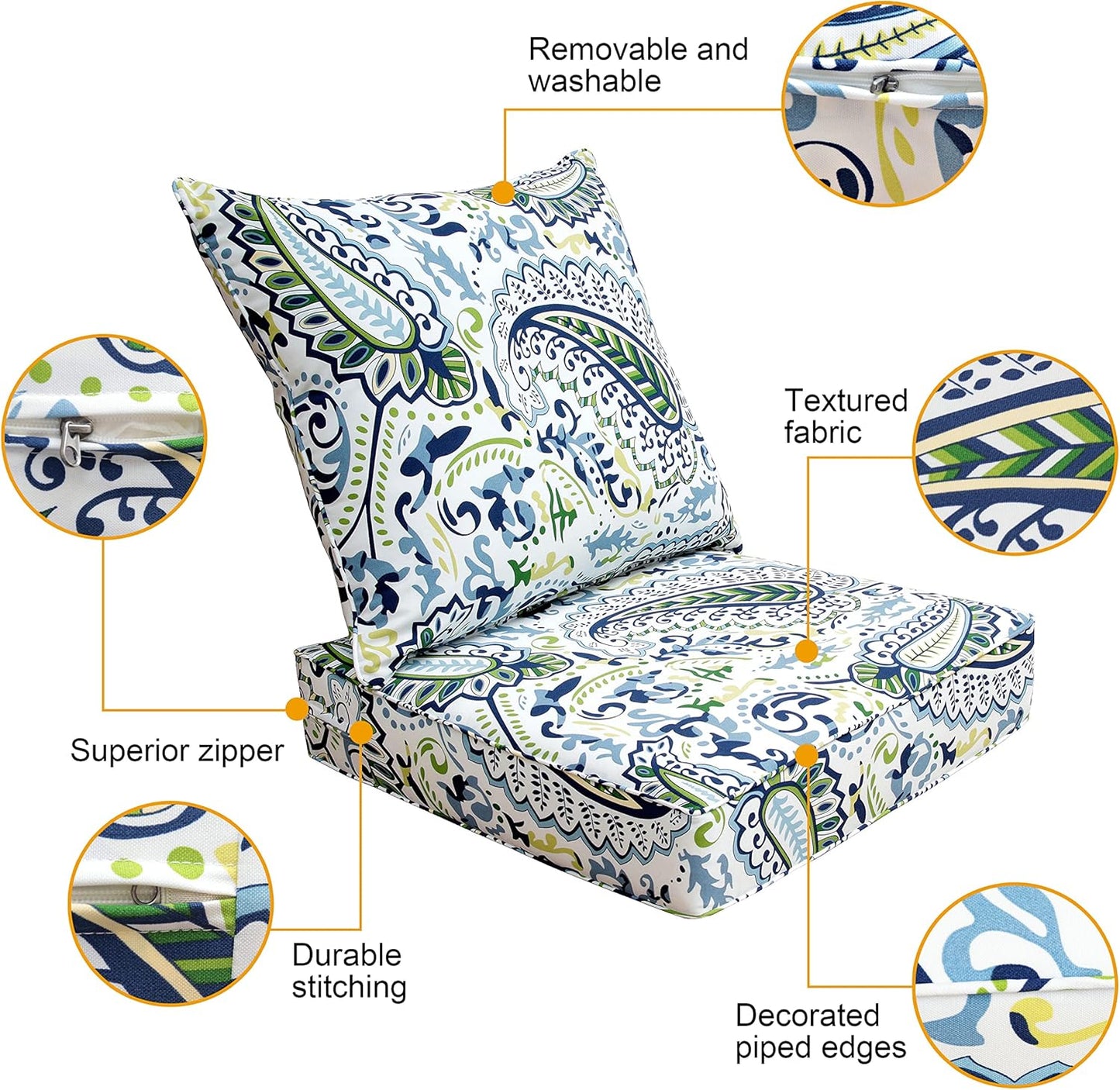 BOSSIMA Indoor/Outdoor Deep Seat Chair Cushion Set,Spring/Summer Seasonal Replacement Cushions Green/Blue Paisley