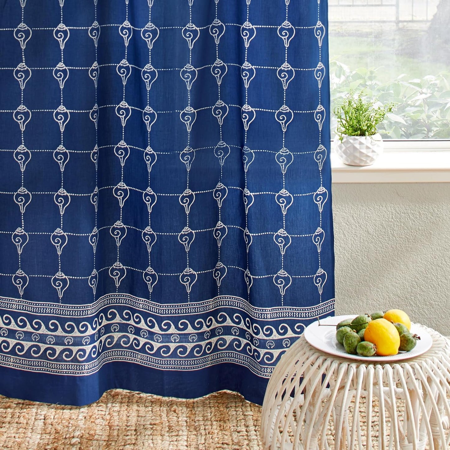 White Sheer Curtain Panel with Tieback, Ivy Lace Leaf Design Tab Top for Light Filtering & Privacy 100% Cotton Voile Hand Block Printed 44 x 84 Inches