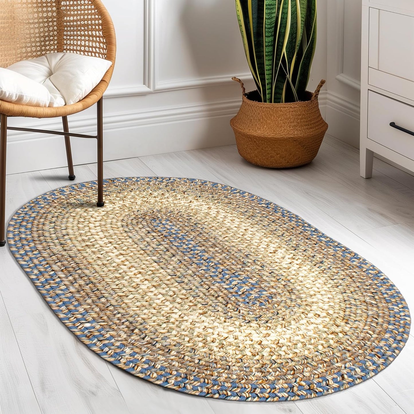 Super Area Rugs Braided Rugs Round 4ft Farmhouse Kitchen Rug - Ridgewood Gray Braided Rug for Dining Room Table - Reversible - Indoor/Outdoor - Made in USA - Graphite/Beige, 4' Round