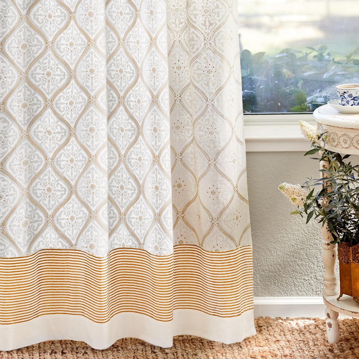 White Sheer Curtain Panel with Tieback, Ivy Lace Leaf Design Tab Top for Light Filtering & Privacy 100% Cotton Voile Hand Block Printed 44 x 84 Inches