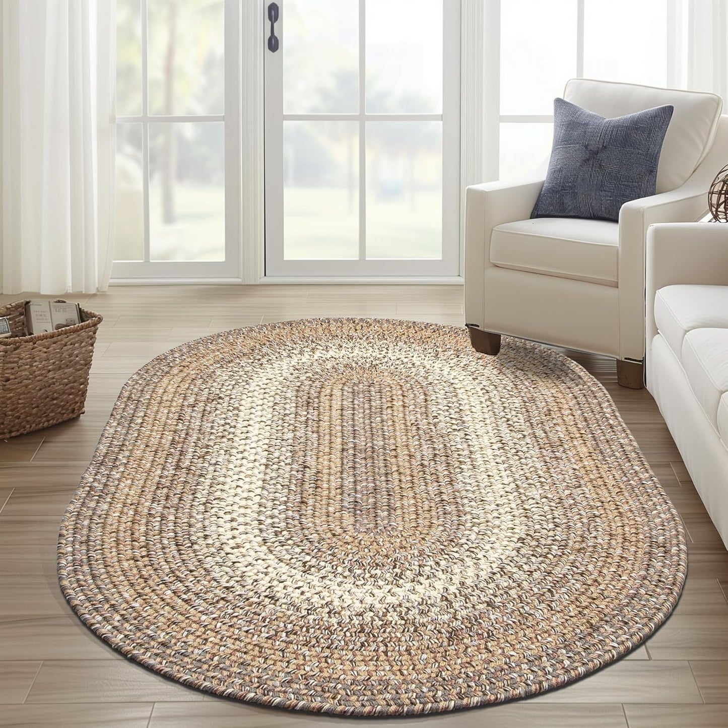 Super Area Rugs Braided Rugs Round 4ft Farmhouse Kitchen Rug - Ridgewood Gray Braided Rug for Dining Room Table - Reversible - Indoor/Outdoor - Made in USA - Graphite/Beige, 4' Round