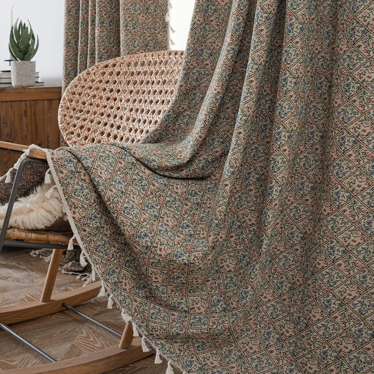 ENJOYBRIDAL Floral Curtains 84 Inch Length 2 Panels Vintage Flower Patterned Drapes Boho Semi Sheer Tassel Rustic Country Rod Pocket Botanical Farmhouse Window Curtain Panels for Bedroom Living Room