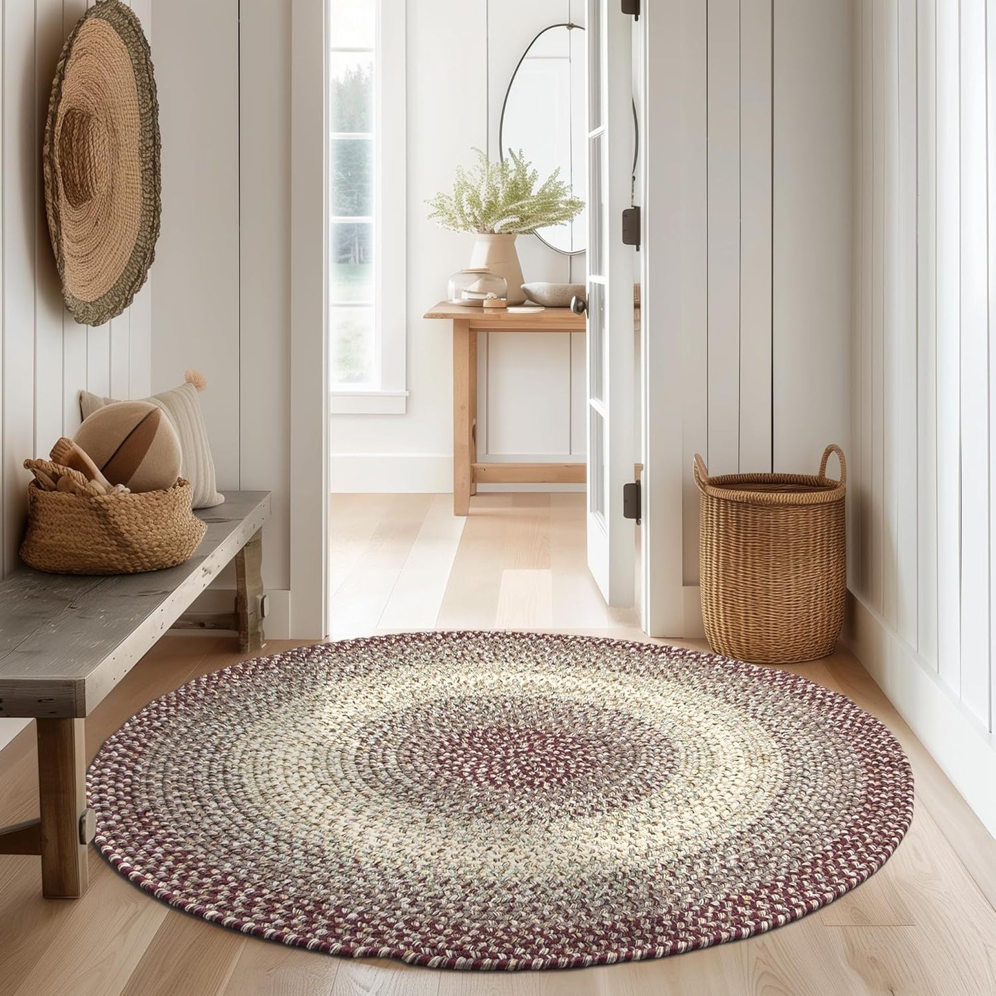 Super Area Rugs Braided Rugs Round 4ft Farmhouse Kitchen Rug - Ridgewood Gray Braided Rug for Dining Room Table - Reversible - Indoor/Outdoor - Made in USA - Graphite/Beige, 4' Round
