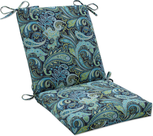 Pillow Perfect Paisley Indoor/Outdoor Solid Back 1 Piece Square Corner Chair Cushion with Ties, Deep Seat, Weather, and Fade Resistant, 36.5" x 18", Blue/Green Pretty,