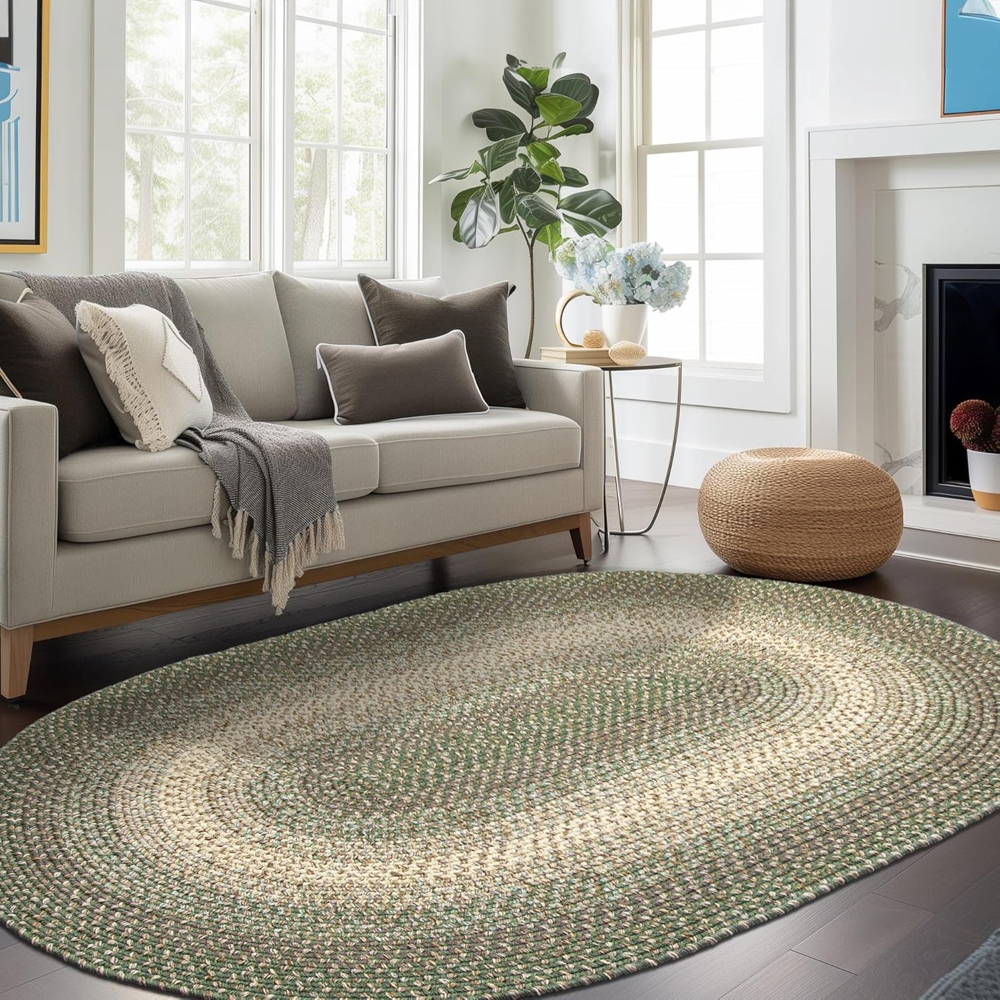 Super Area Rugs Braided Rugs Round 4ft Farmhouse Kitchen Rug - Ridgewood Gray Braided Rug for Dining Room Table - Reversible - Indoor/Outdoor - Made in USA - Graphite/Beige, 4' Round