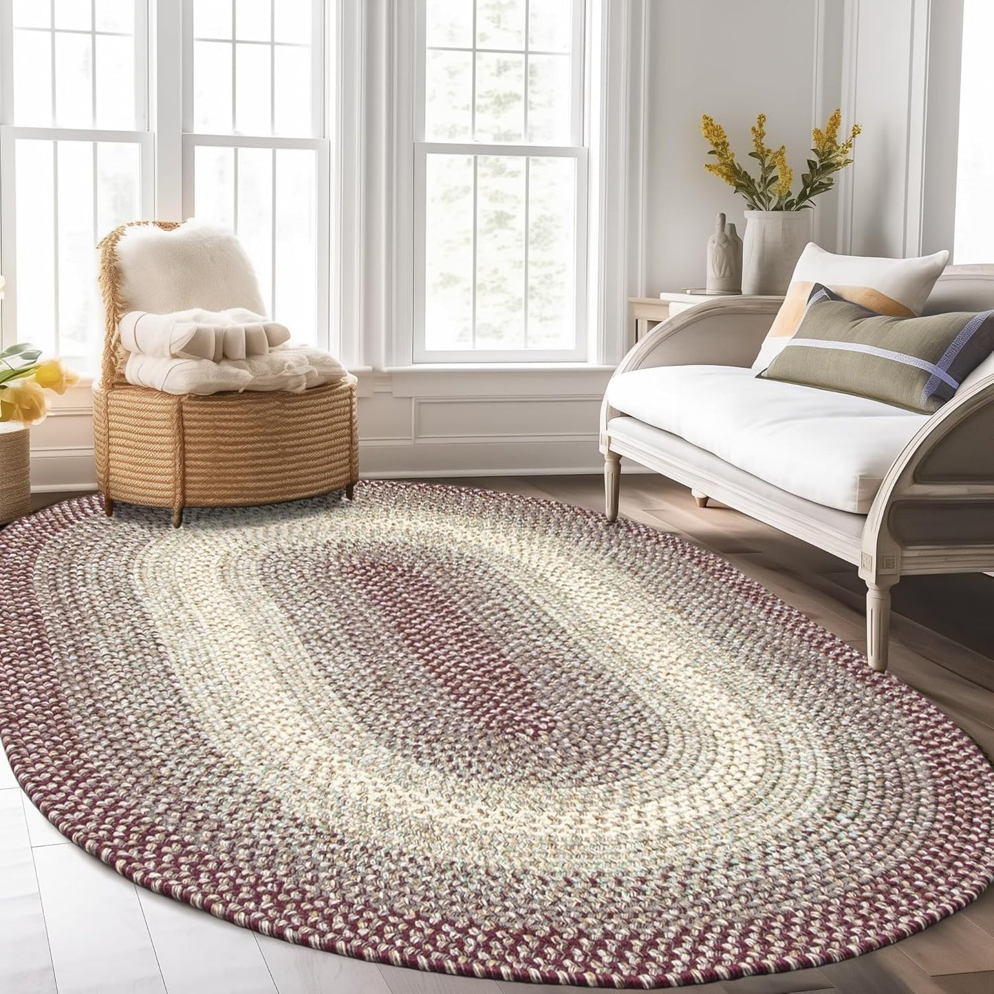 Super Area Rugs Braided Rugs Round 4ft Farmhouse Kitchen Rug - Ridgewood Gray Braided Rug for Dining Room Table - Reversible - Indoor/Outdoor - Made in USA - Graphite/Beige, 4' Round