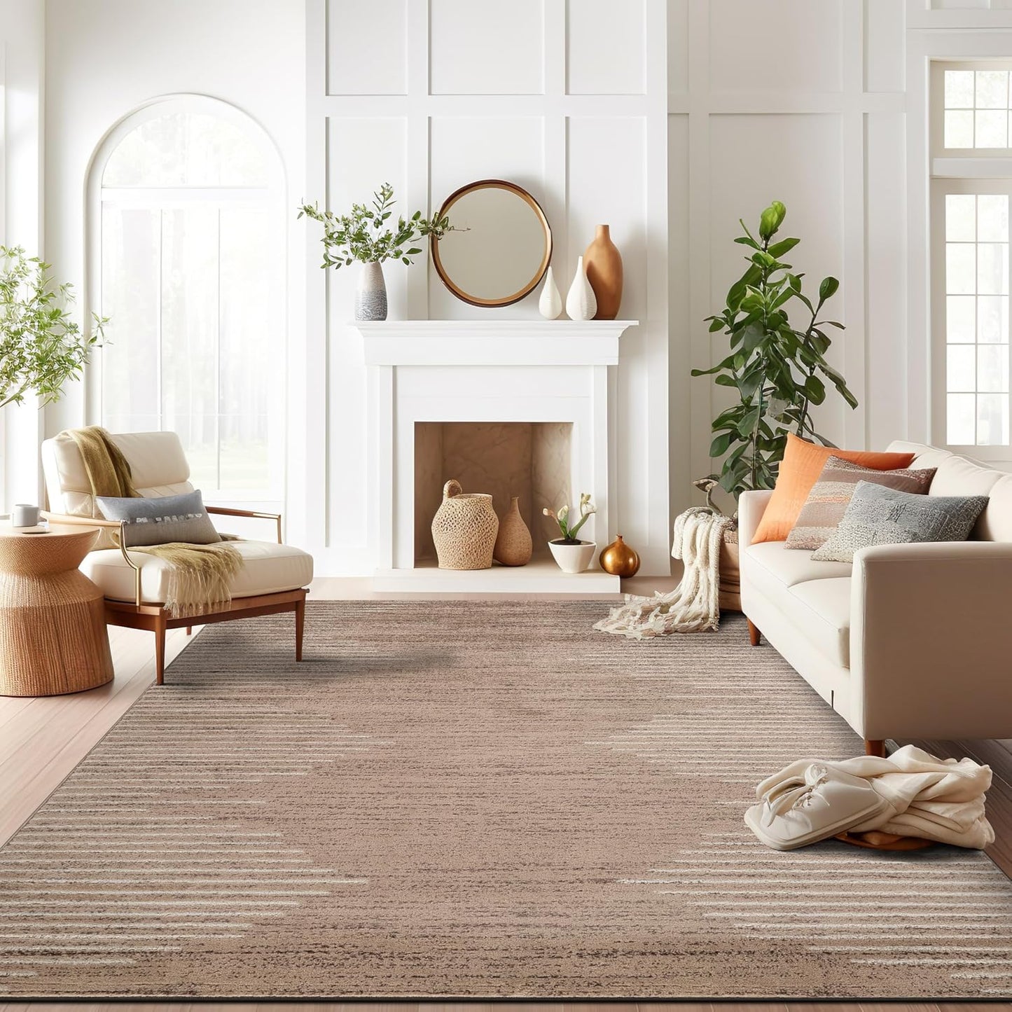 Rugshop Bohemian Stripe Stain Resistant High Traffic Living Room Kitchen Bedroom Dining Home Office Round Rug 8' Cream