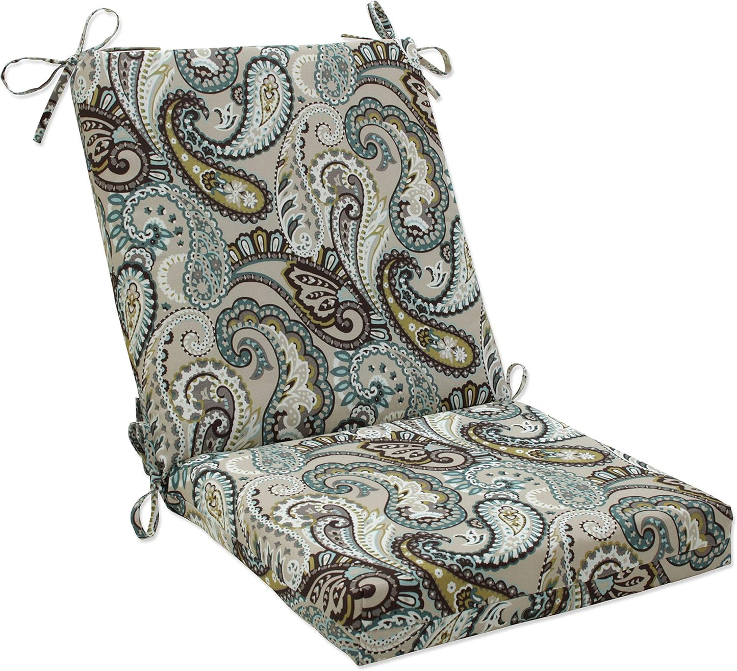 Pillow Perfect Paisley Indoor/Outdoor Solid Back 1 Piece Square Corner Chair Cushion with Ties, Deep Seat, Weather, and Fade Resistant, 36.5" x 18", Blue/Green Pretty,