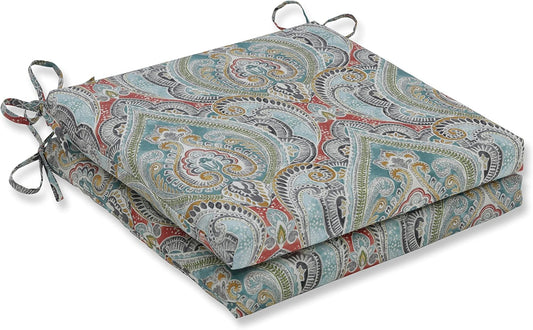 Pillow Perfect Paisley Indoor/Outdoor Square Corner Chair Seat Cushion with Ties, Plush Fiber Fill, Weather, and Fade Resistant, 20" x 20", Blue/Multi Pretty, 2 Count