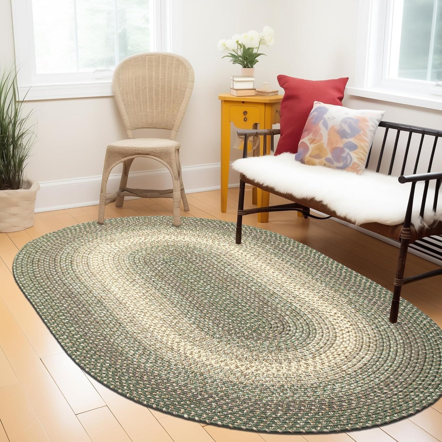 Super Area Rugs Braided Rugs Round 4ft Farmhouse Kitchen Rug - Ridgewood Gray Braided Rug for Dining Room Table - Reversible - Indoor/Outdoor - Made in USA - Graphite/Beige, 4' Round