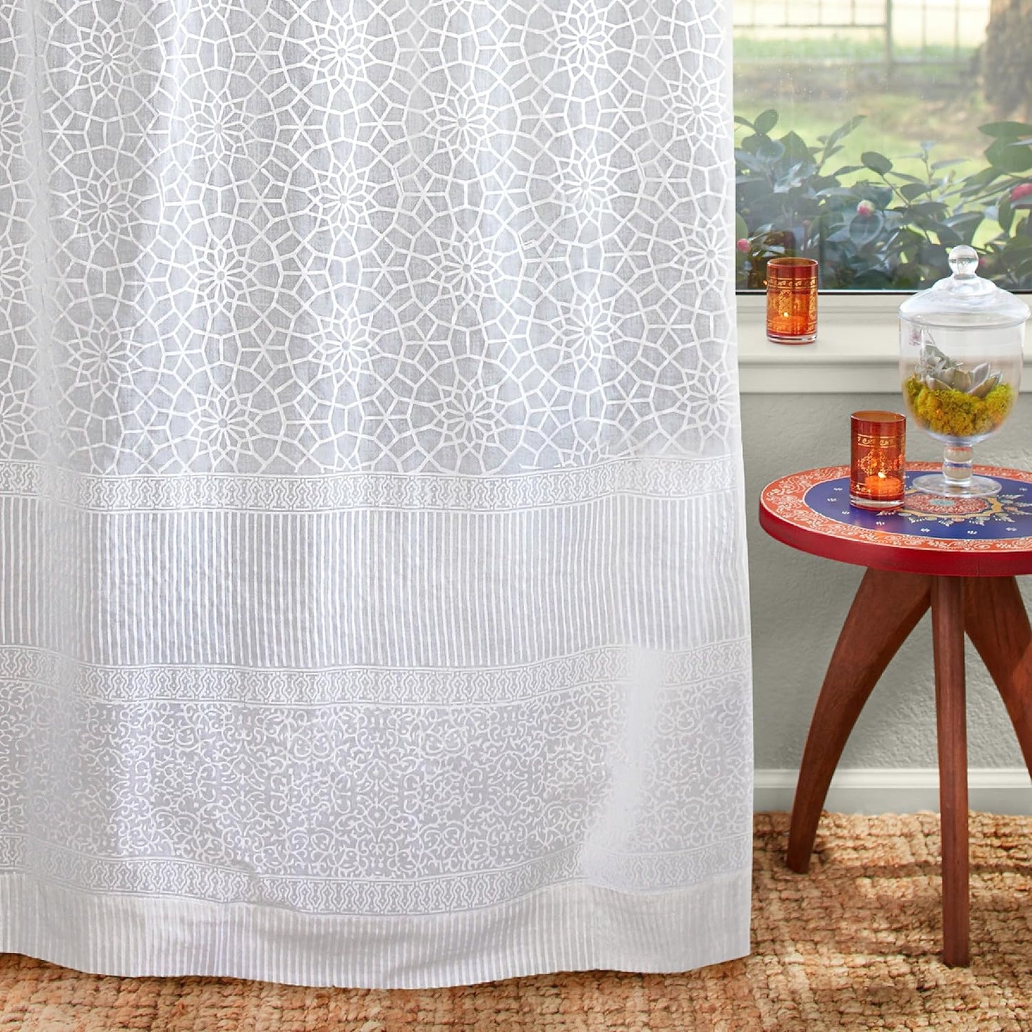 White Sheer Curtain Panel with Tieback, Ivy Lace Leaf Design Tab Top for Light Filtering & Privacy 100% Cotton Voile Hand Block Printed 44 x 84 Inches