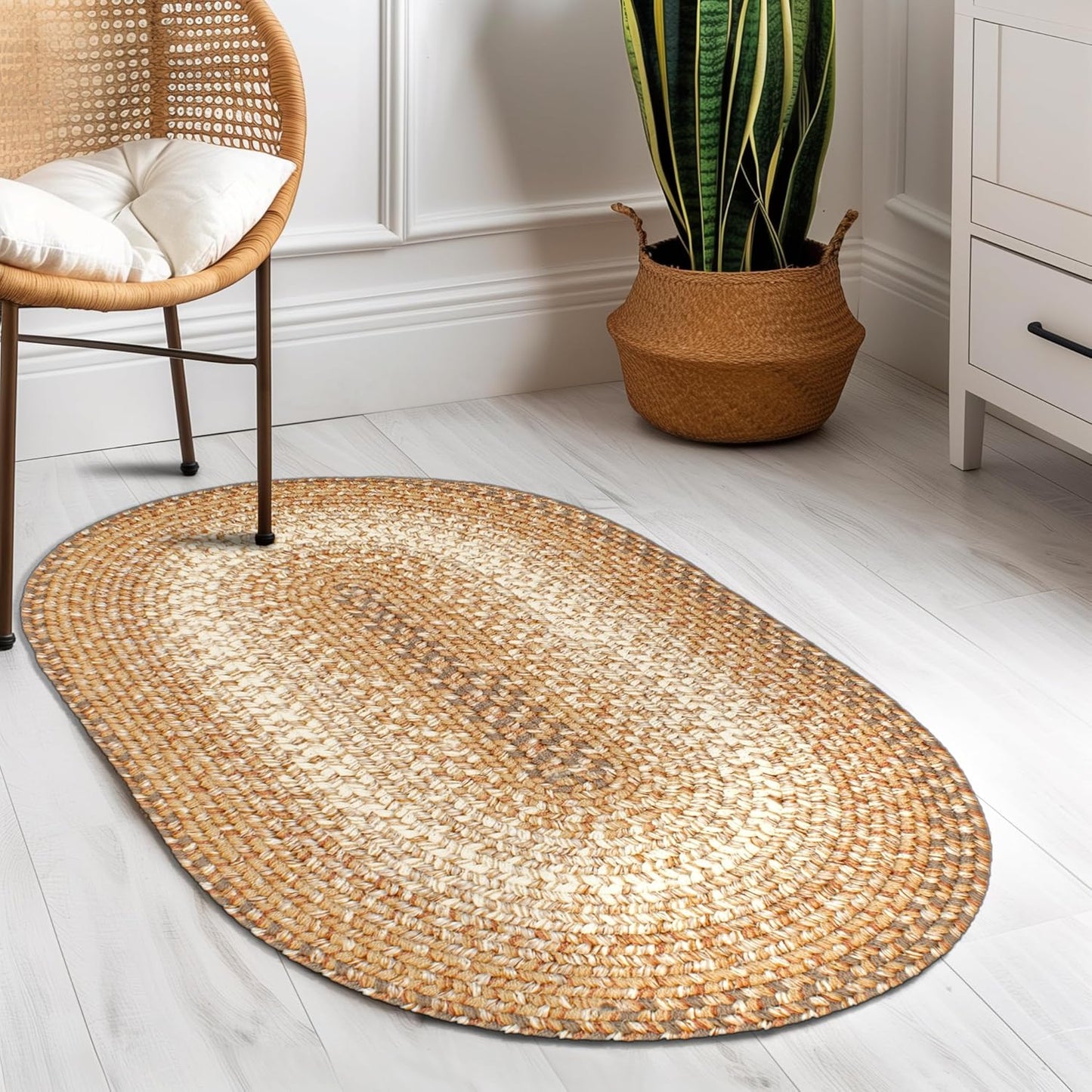 Super Area Rugs Braided Rugs Round 4ft Farmhouse Kitchen Rug - Ridgewood Gray Braided Rug for Dining Room Table - Reversible - Indoor/Outdoor - Made in USA - Graphite/Beige, 4' Round