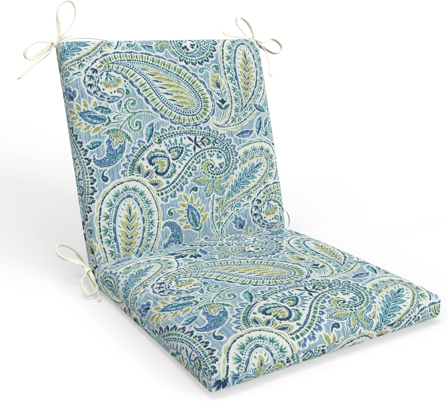Pillow Perfect Paisley Indoor/Outdoor Solid Back 1 Piece Square Corner Chair Cushion with Ties, Deep Seat, Weather, and Fade Resistant, 36.5" x 18", Blue/Green Pretty,