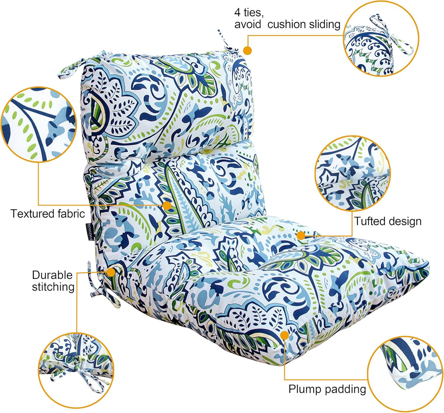 BOSSIMA Outdoor Chair Cushions, Water Resistant Replacement Tufted Cushion for Patio Dining Chair, Set of 2 Green/Blue Paisley