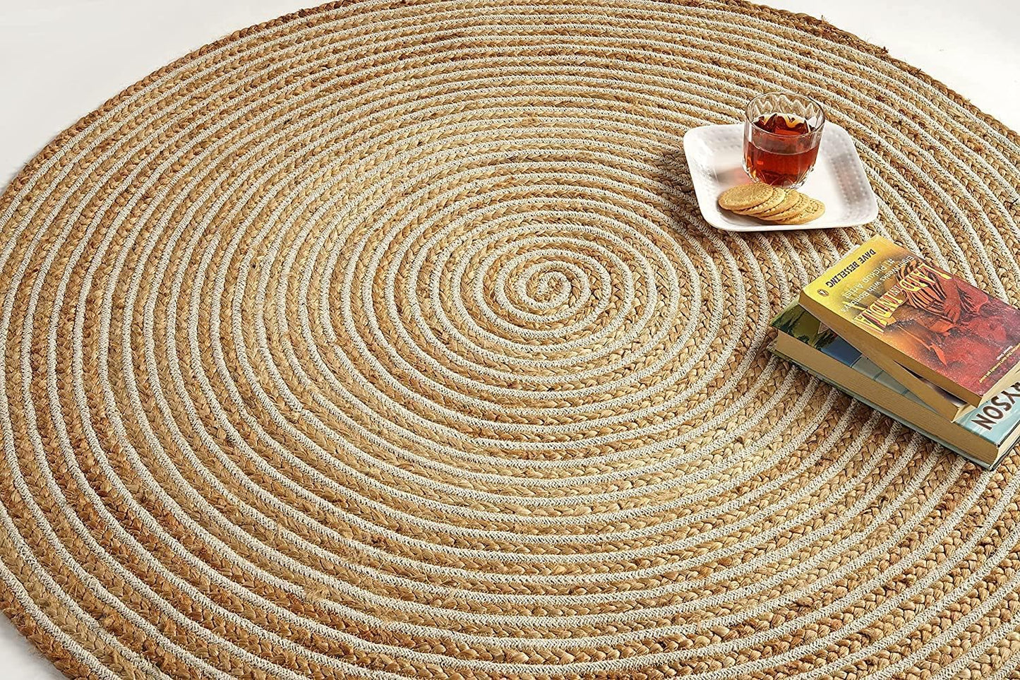 GRUHUM Round Jute Area Rug 9ft Natural Fiber Multicolour Handmade Boho Charm Farmhouse Soft Braided Rustic Vintage Rug for Indoor Kitchen Bedroom Living Room Hallways Enterways(9' feet Round)