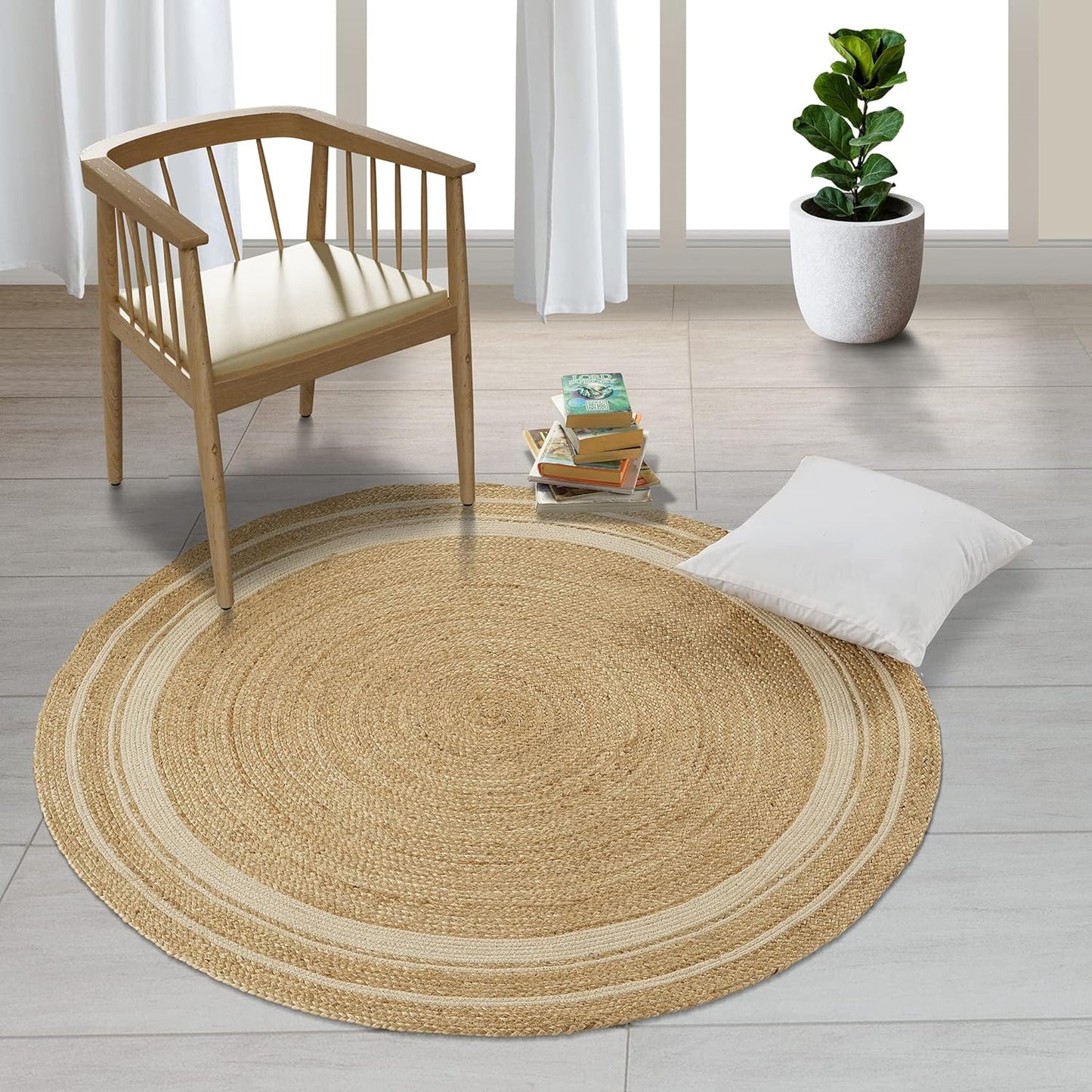 GRUHUM Round Jute Area Rug 9ft Natural Fiber Multicolour Handmade Boho Charm Farmhouse Soft Braided Rustic Vintage Rug for Indoor Kitchen Bedroom Living Room Hallways Enterways(9' feet Round)