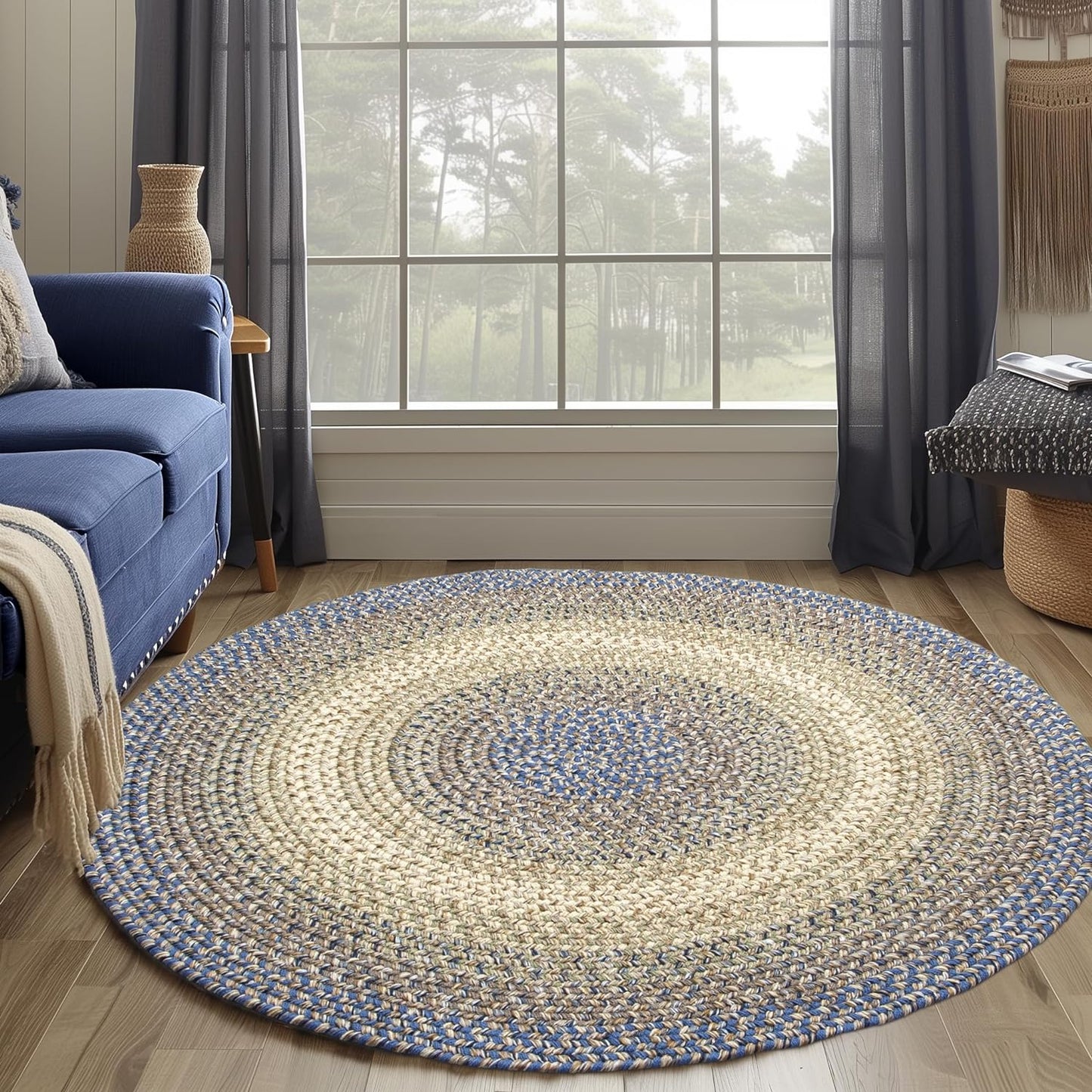 Super Area Rugs Braided Rugs Round 4ft Farmhouse Kitchen Rug - Ridgewood Gray Braided Rug for Dining Room Table - Reversible - Indoor/Outdoor - Made in USA - Graphite/Beige, 4' Round