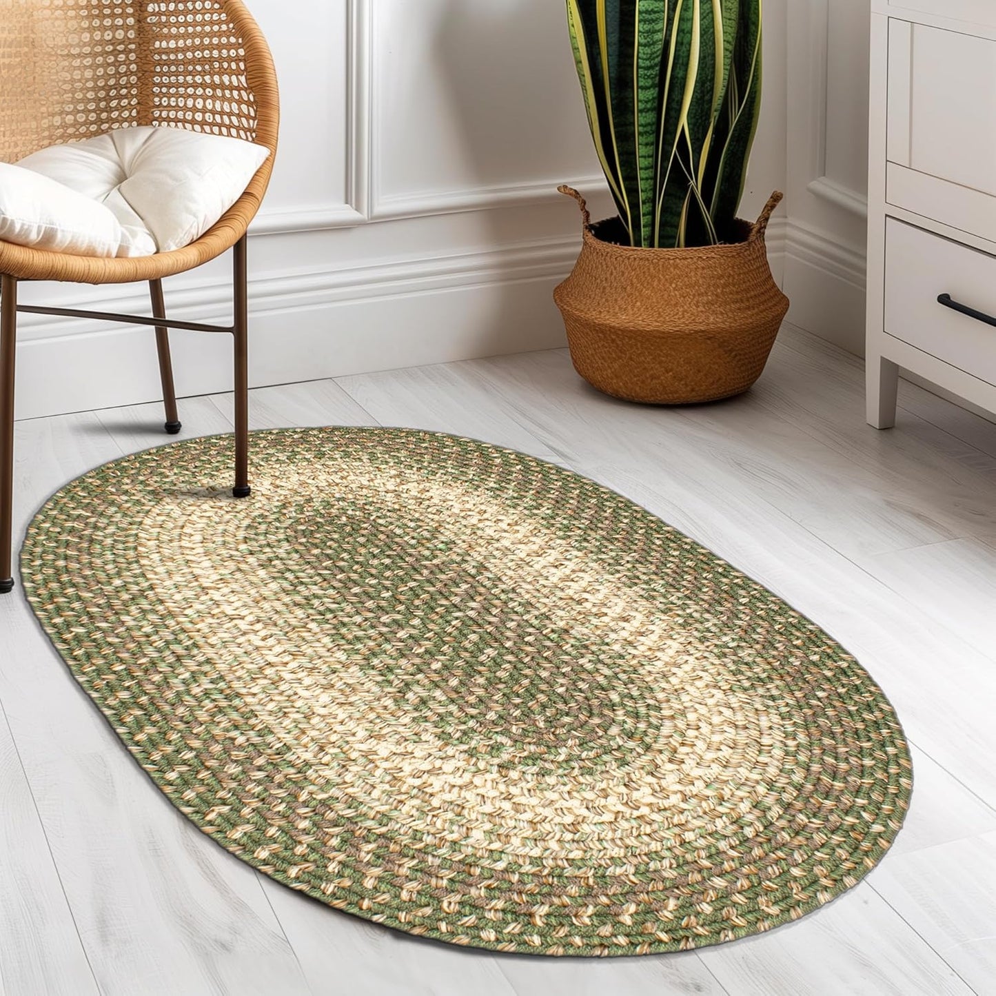 Super Area Rugs Braided Rugs Round 4ft Farmhouse Kitchen Rug - Ridgewood Gray Braided Rug for Dining Room Table - Reversible - Indoor/Outdoor - Made in USA - Graphite/Beige, 4' Round