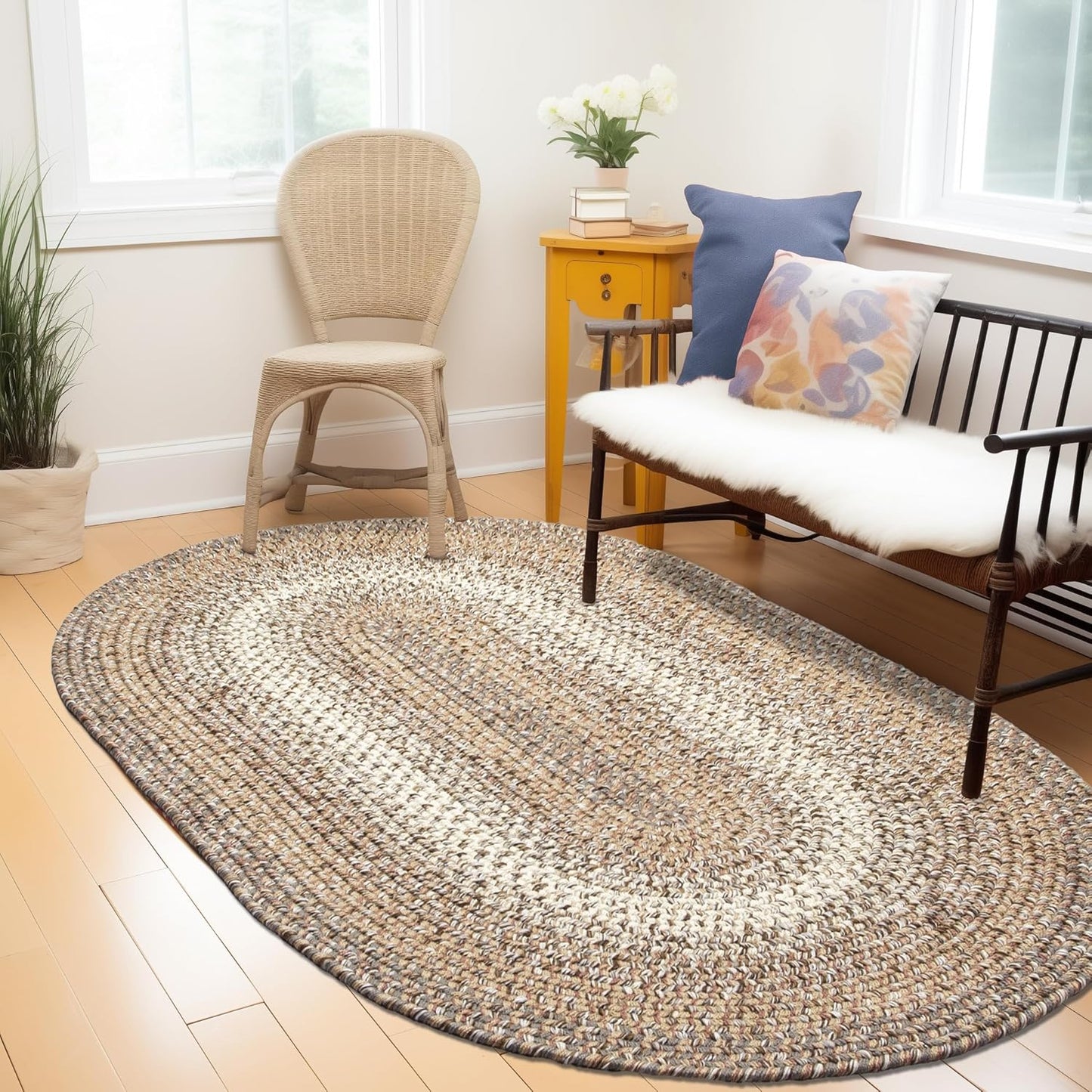 Super Area Rugs Braided Rugs Round 4ft Farmhouse Kitchen Rug - Ridgewood Gray Braided Rug for Dining Room Table - Reversible - Indoor/Outdoor - Made in USA - Graphite/Beige, 4' Round