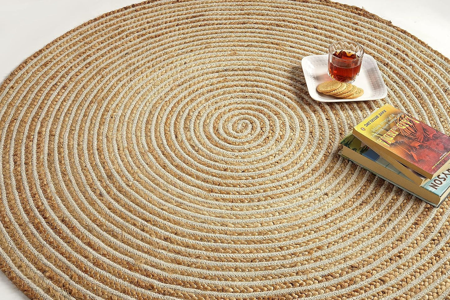GRUHUM Round Jute Area Rug 9ft Natural Fiber Multicolour Handmade Boho Charm Farmhouse Soft Braided Rustic Vintage Rug for Indoor Kitchen Bedroom Living Room Hallways Enterways(9' feet Round)