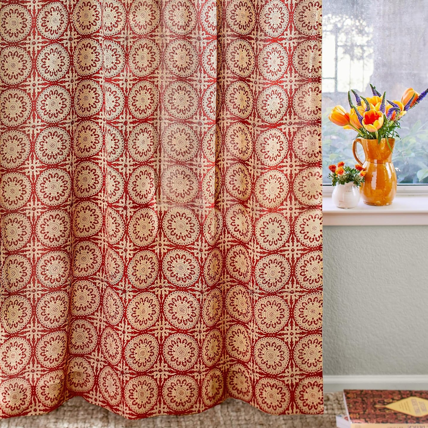 White Sheer Curtain Panel with Tieback, Ivy Lace Leaf Design Tab Top for Light Filtering & Privacy 100% Cotton Voile Hand Block Printed 44 x 84 Inches