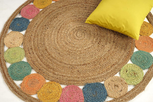 GRUHUM Round Jute Area Rug 9ft Natural Fiber Multicolour Handmade Boho Charm Farmhouse Soft Braided Rustic Vintage Rug for Indoor Kitchen Bedroom Living Room Hallways Enterways(9' feet Round)